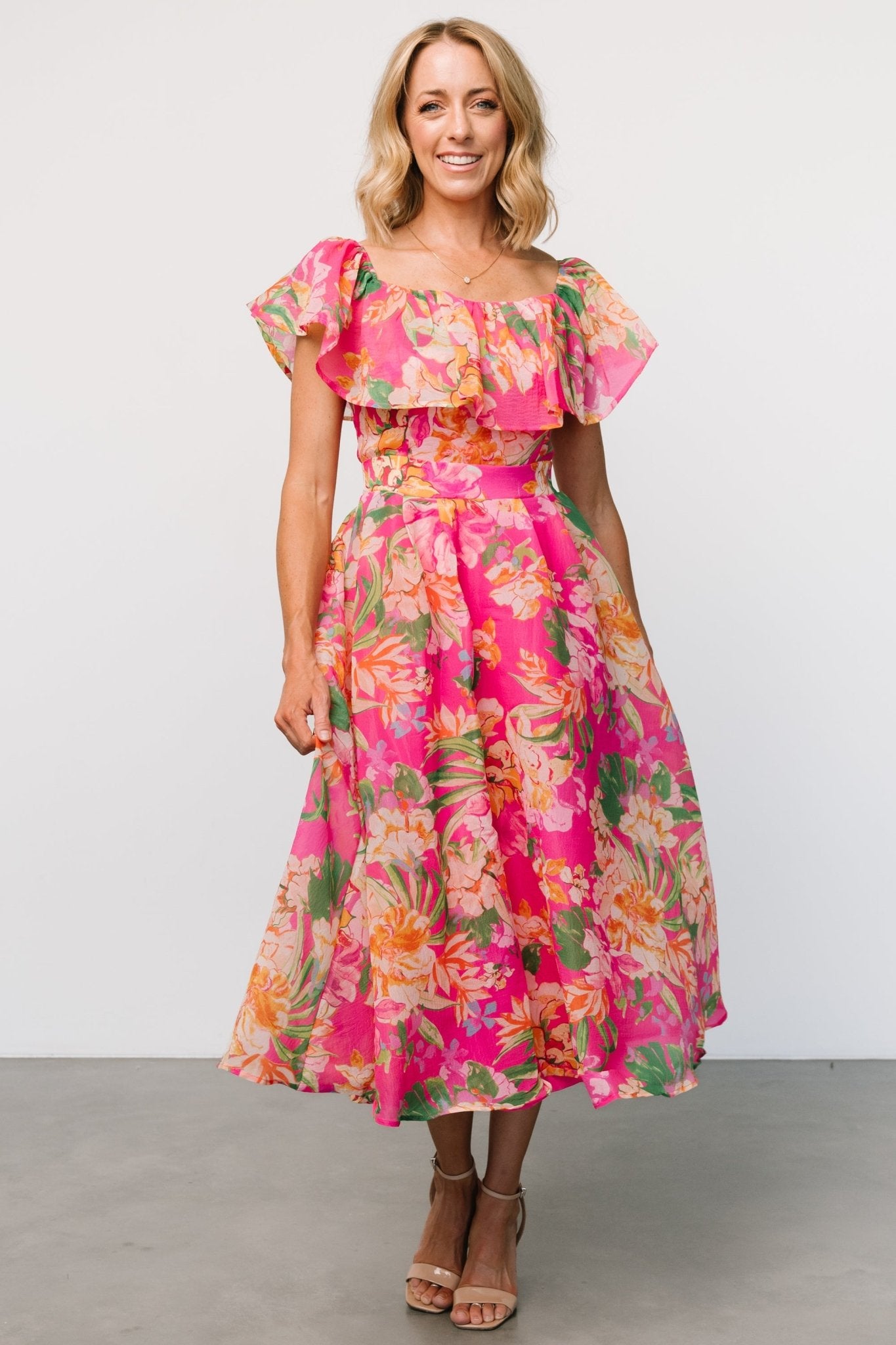 Kartini Floral Off Shoulder Midi Dress for Summer | Fuchsia Pink