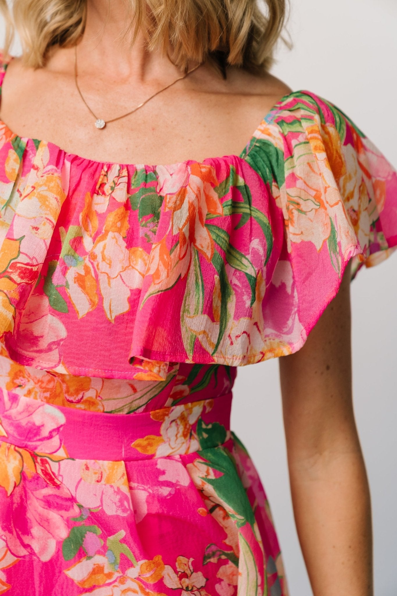 Kartini Floral Off Shoulder Midi Dress for Summer | Fuchsia Pink