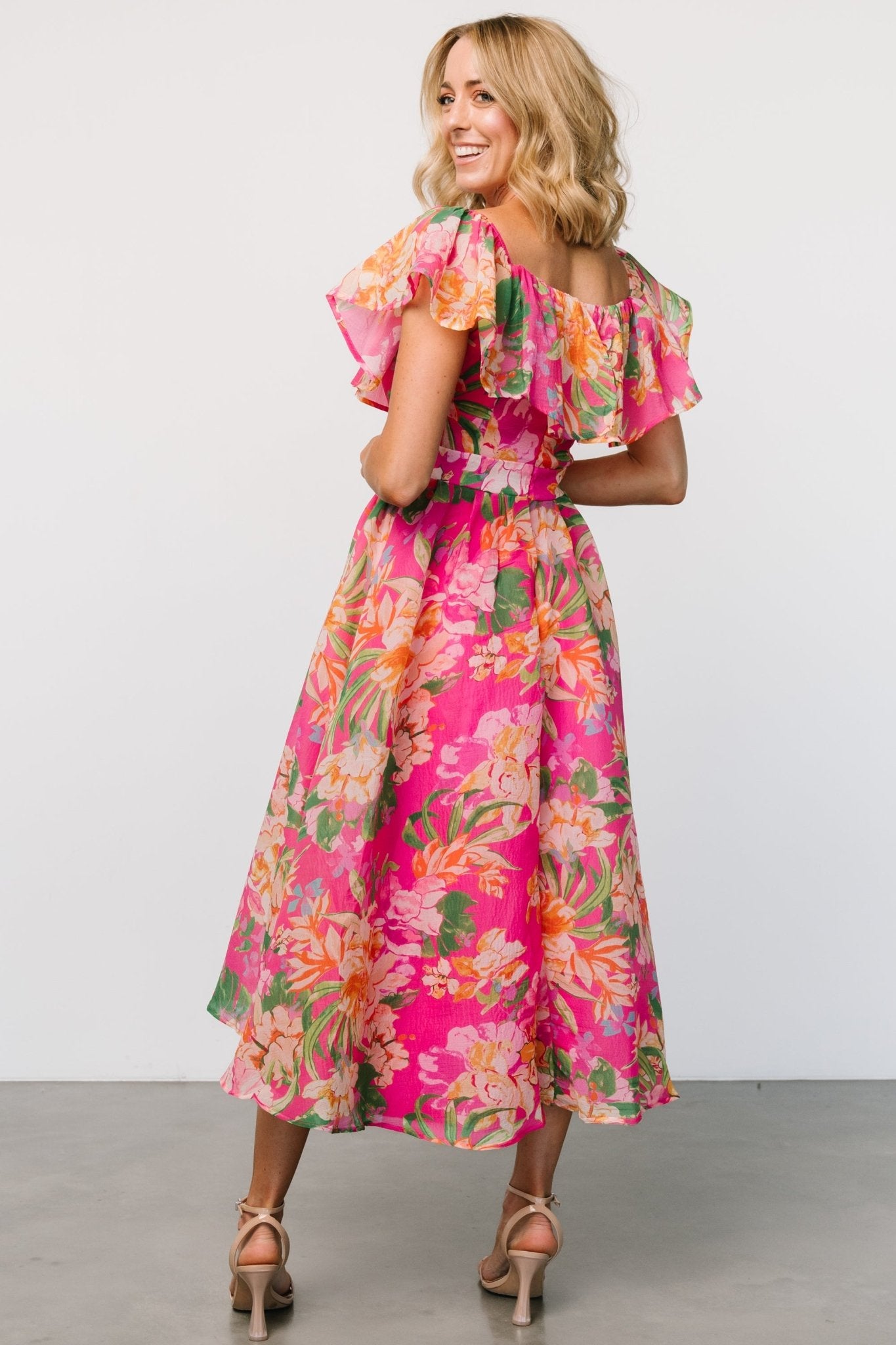Kartini Floral Off Shoulder Midi Dress for Summer | Fuchsia Pink