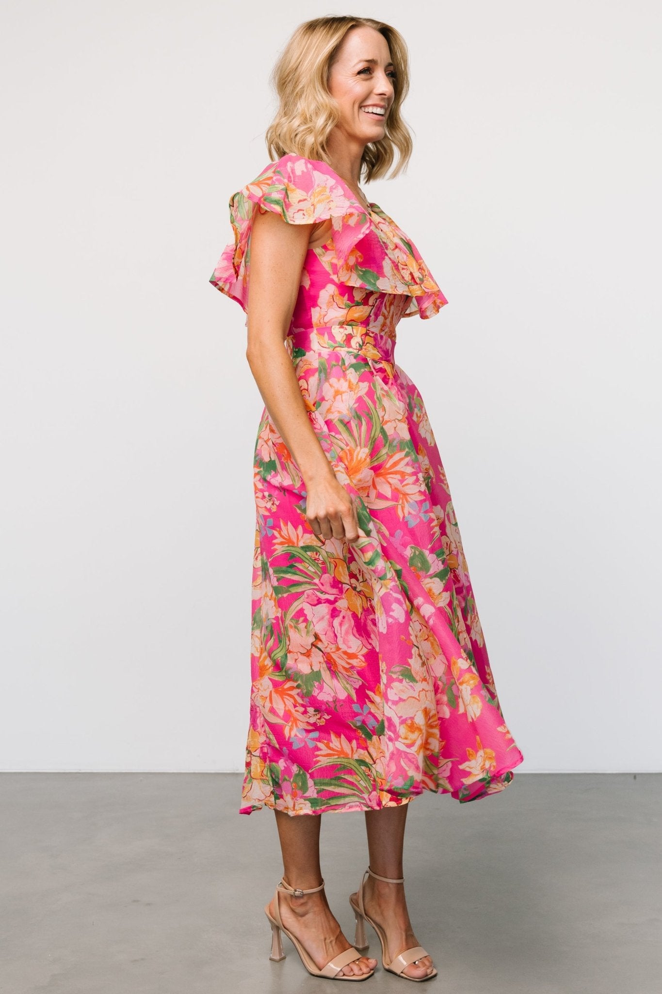 Kartini Floral Off Shoulder Midi Dress for Summer | Fuchsia Pink