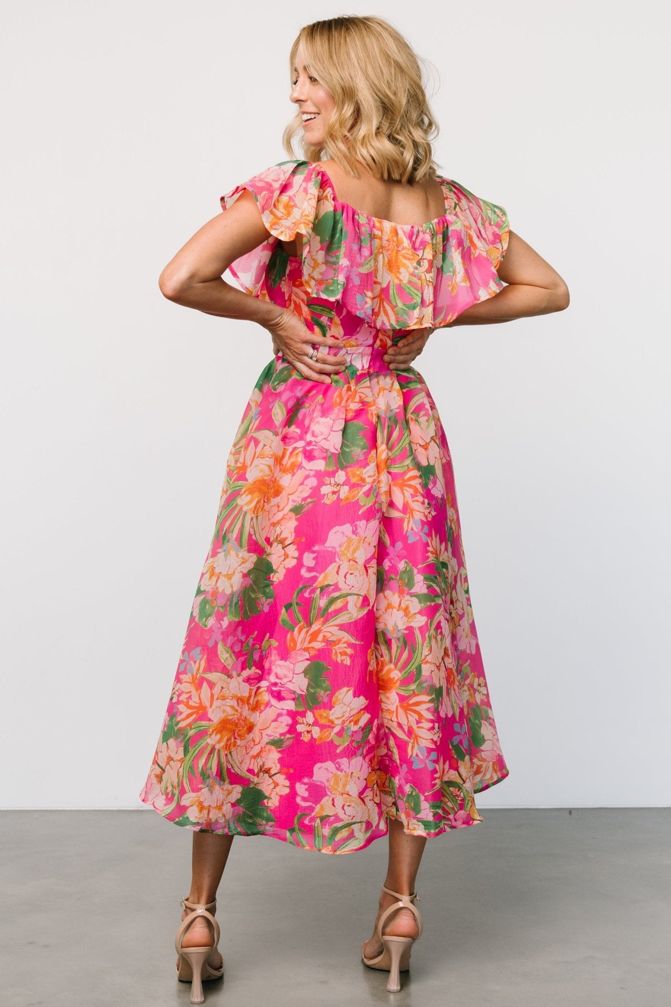 Kartini Floral Off Shoulder Midi Dress for Summer | Fuchsia Pink