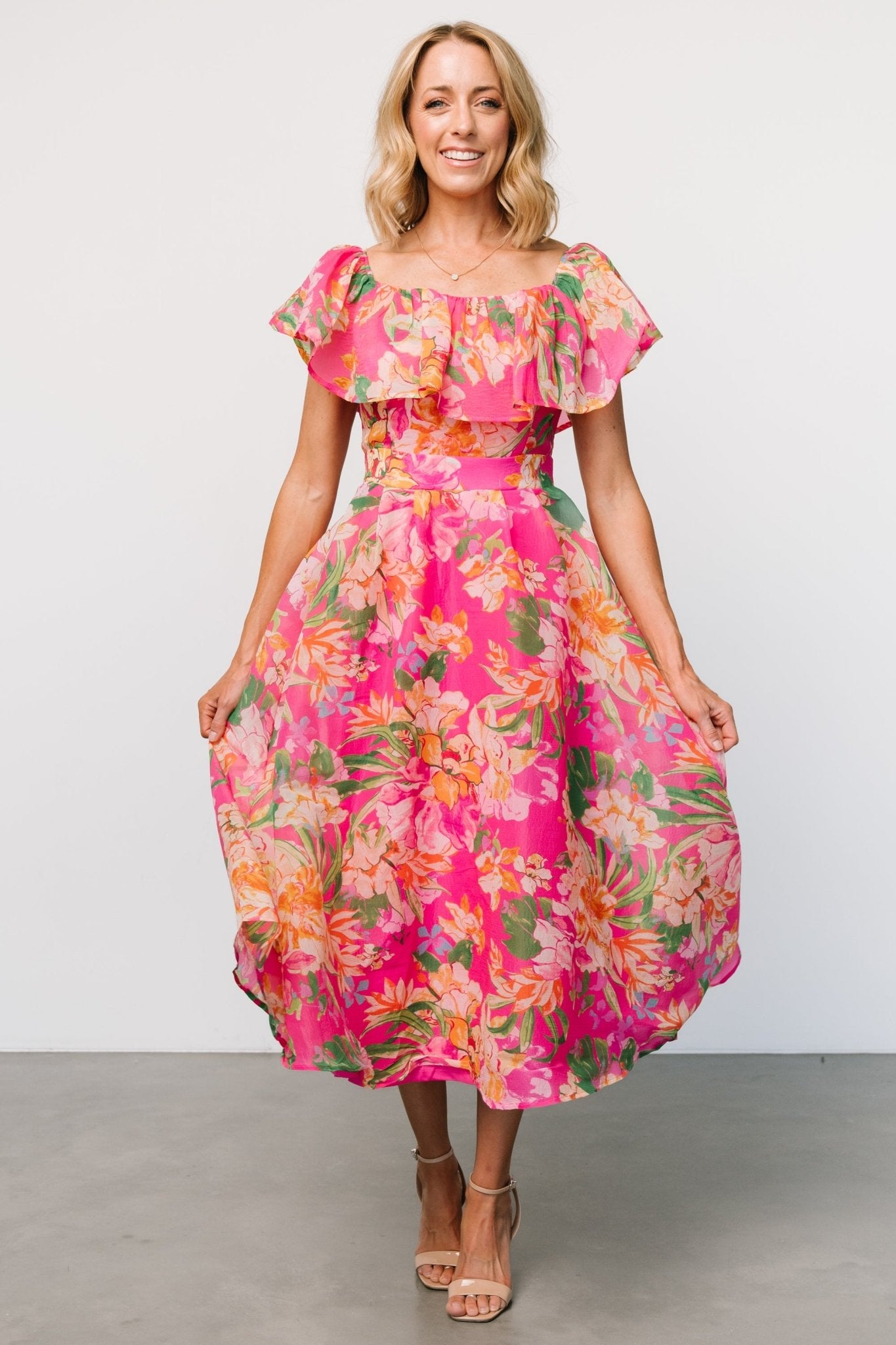 Kartini Floral Off Shoulder Midi Dress for Summer | Fuchsia Pink