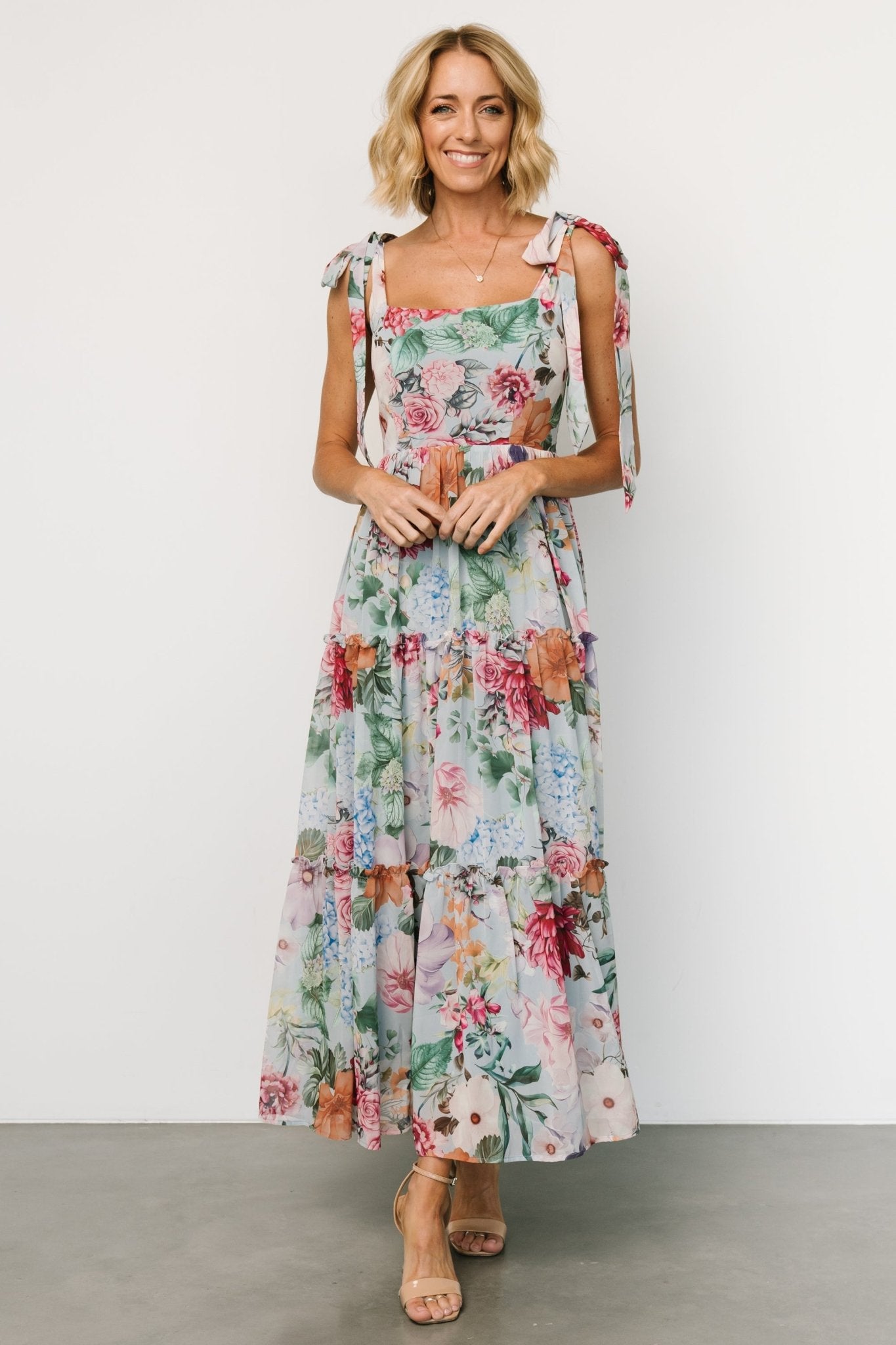 Floral Maxi Dress for Weddings | Light Blue Chiffon Tiered Dress