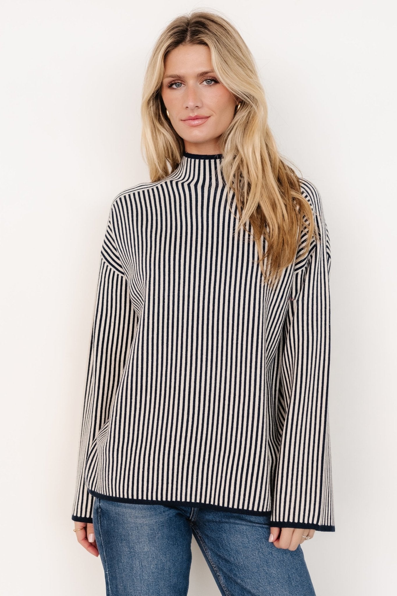 Navy Stripe Mock Neck Knit Sweater with Bell Sleeves