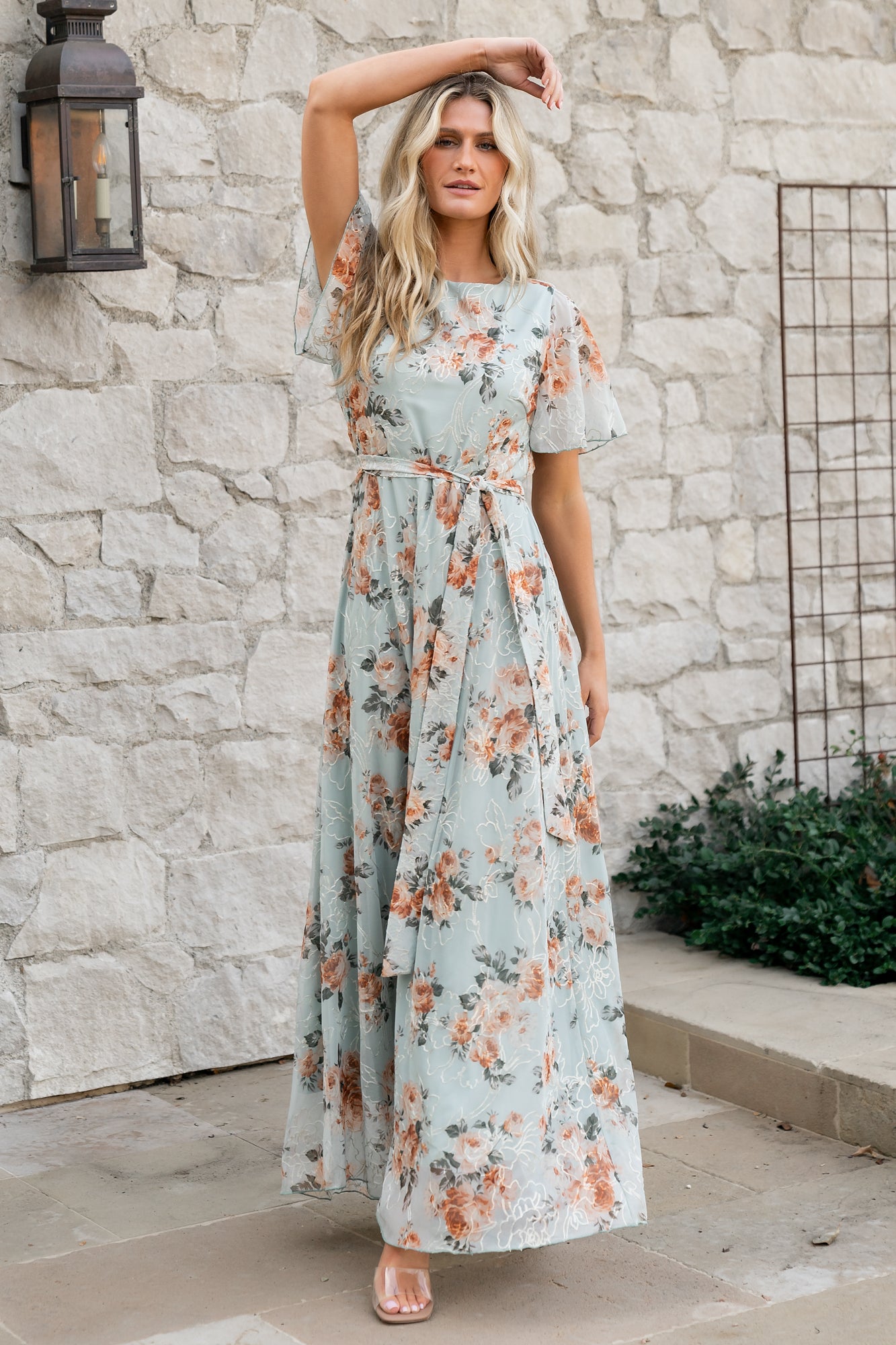 Katalaya Sage Green Floral Embroidered Maxi Dress with Tulle Overlay