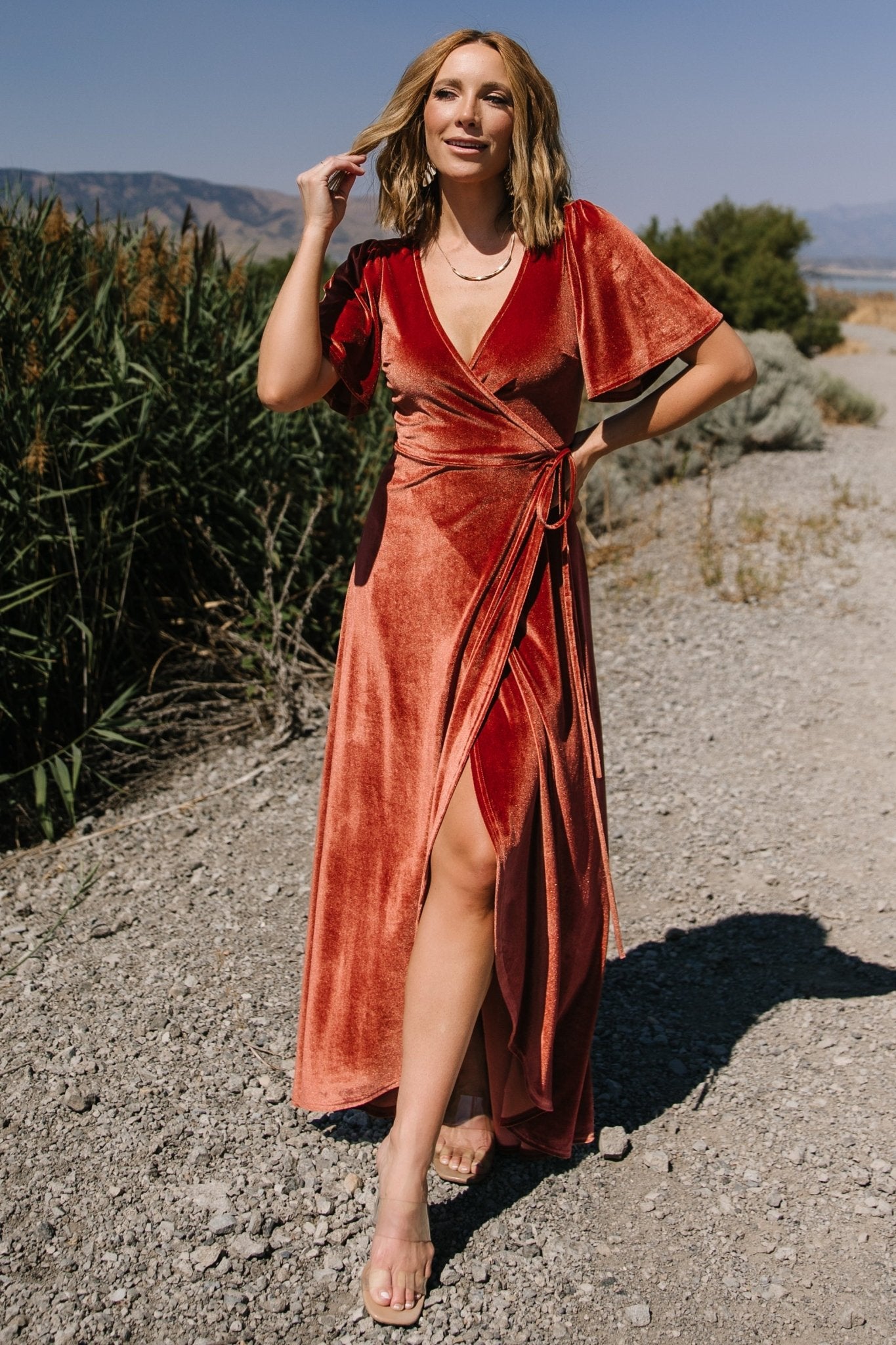 Velvet Wrap Maxi Dress in Cinnamon | Baltic Born