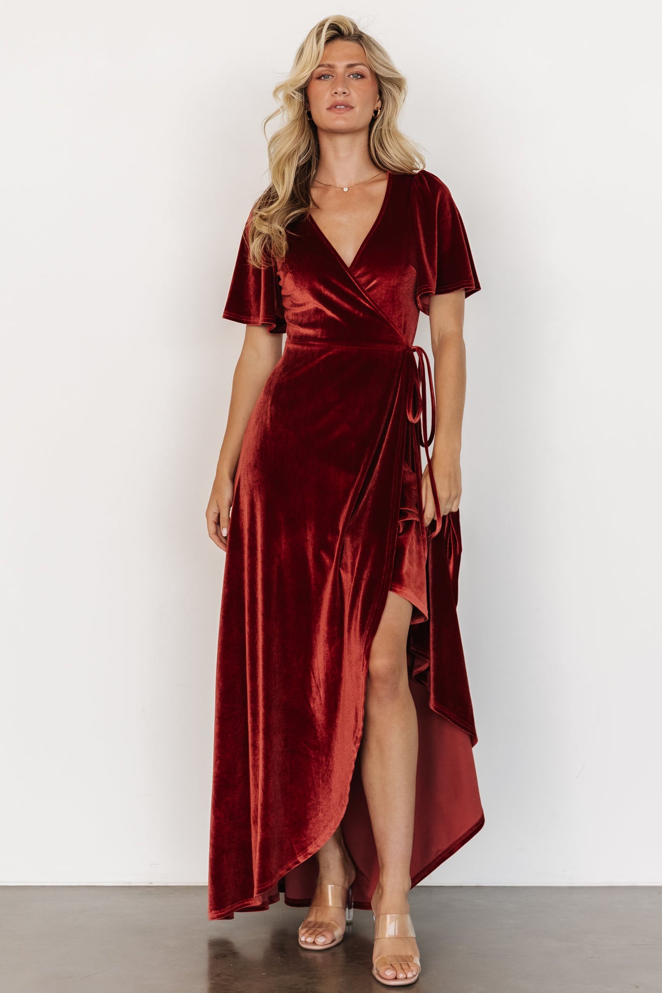 Terracotta Velvet Wrap Maxi Dress with Flutter Sleeves | Katelyn