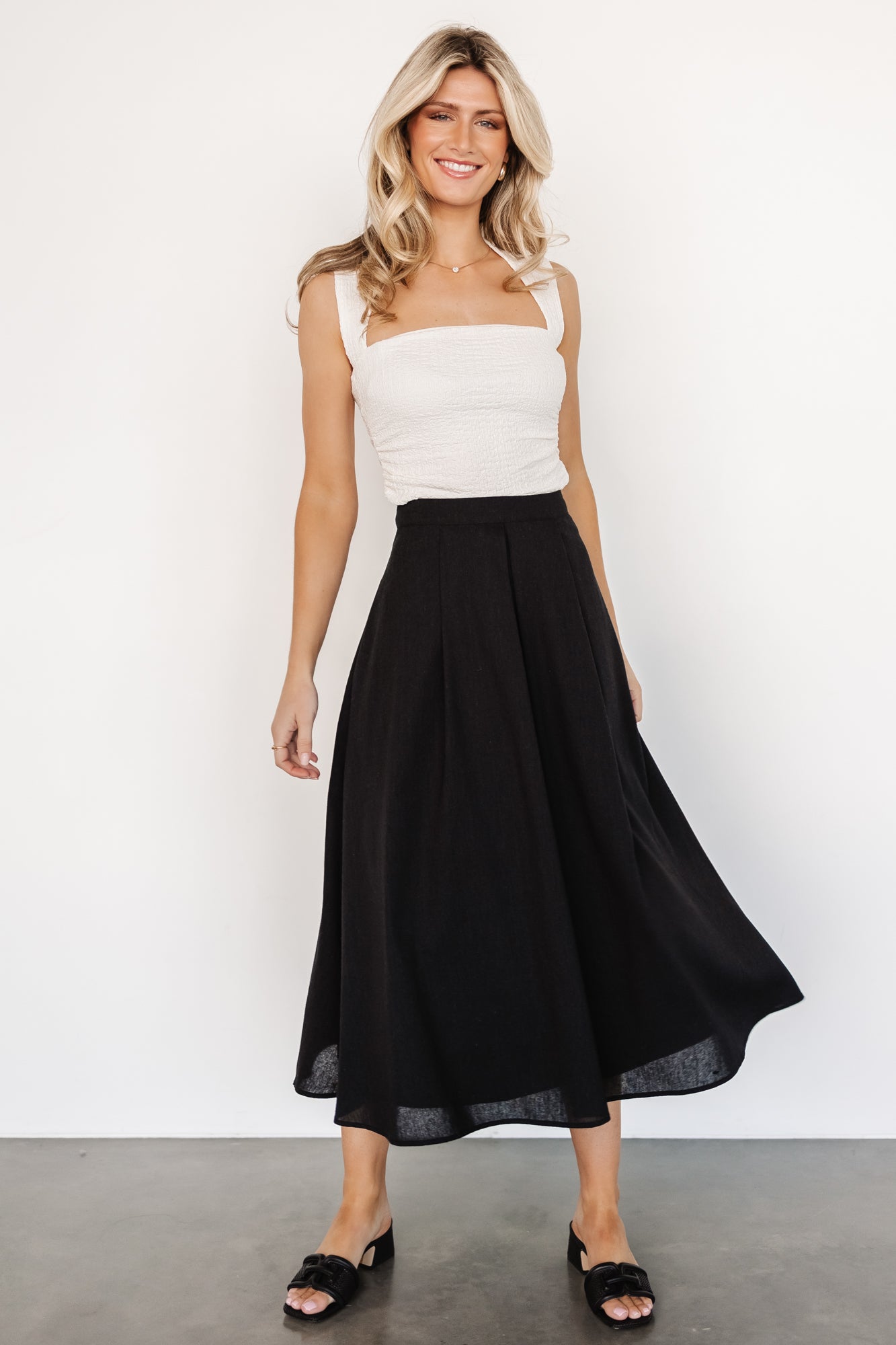 Black Pleated Midi Skirt by Katie – Linen High-Waist with Pockets