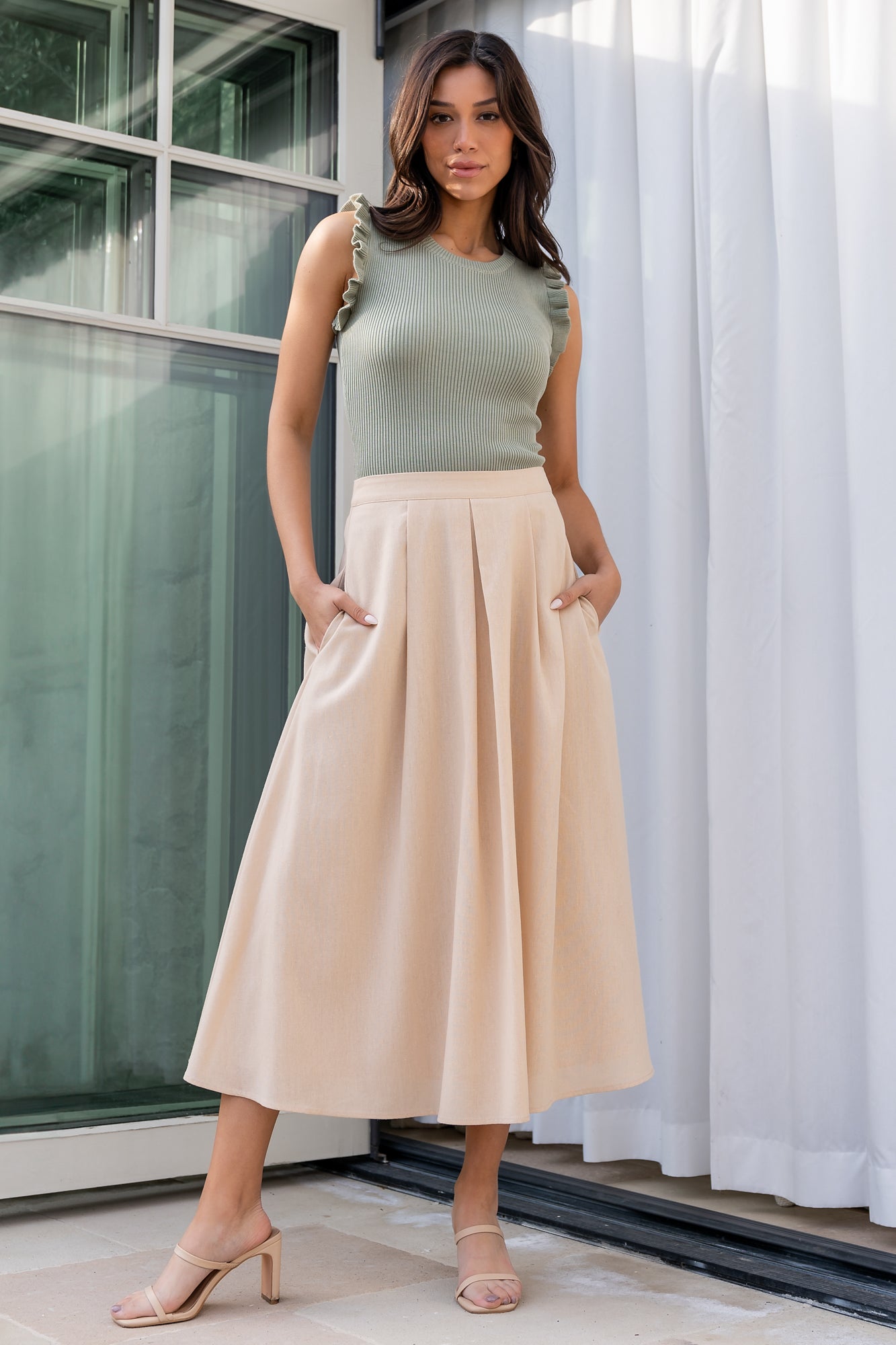 Baltic Born Linen Pleated Midi Skirt in Natural with Pockets