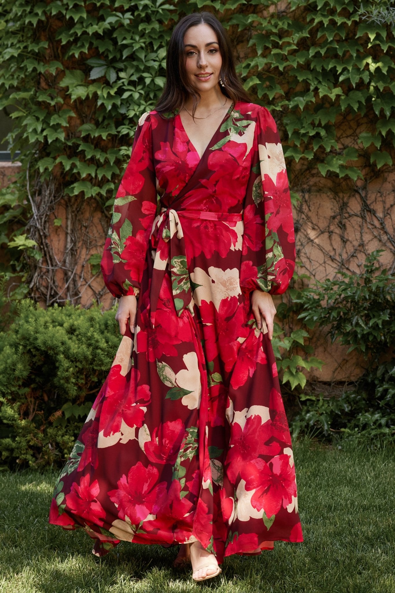 Burgundy Floral Wrap Maxi Dress with Bishop Sleeves – Baltic Born