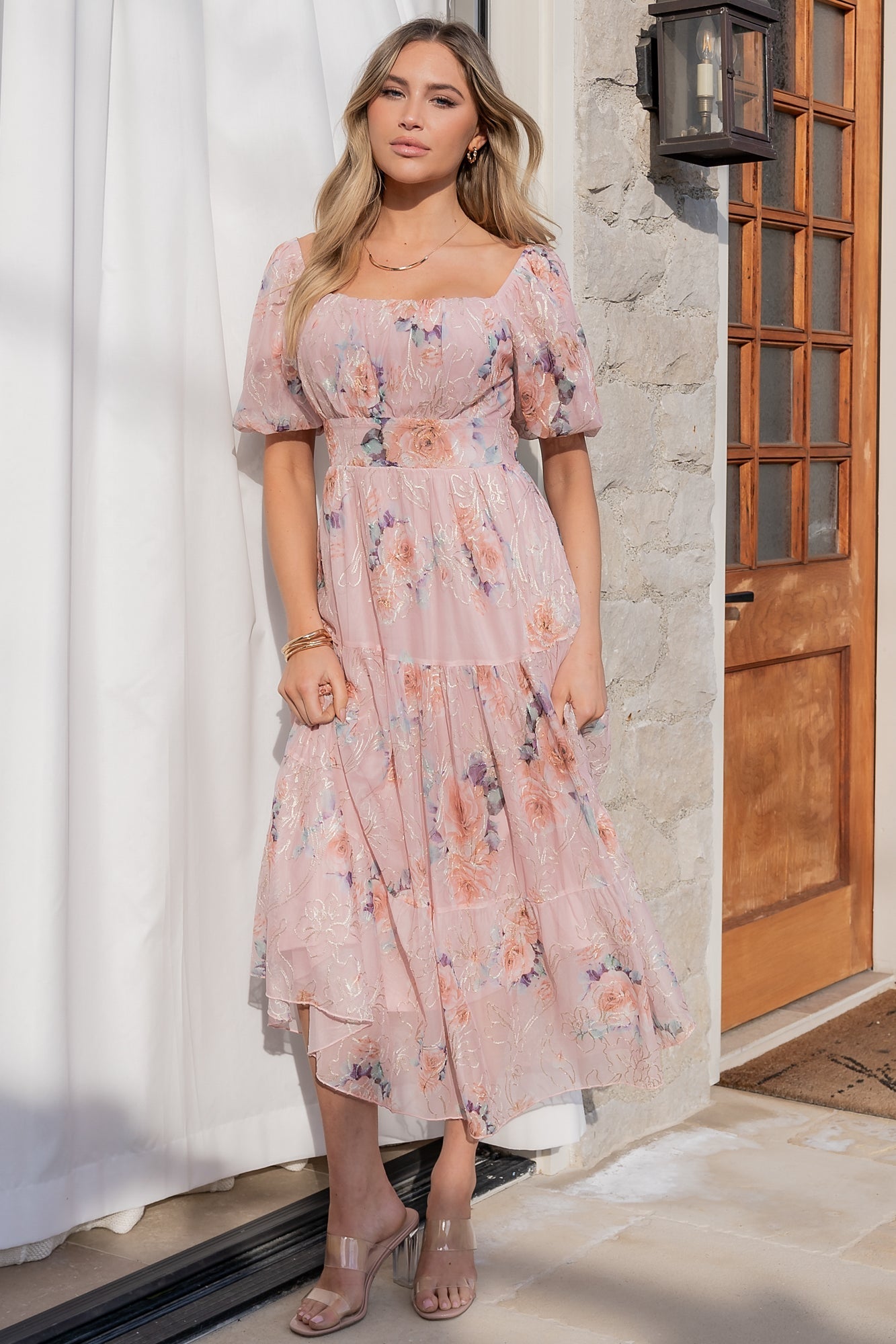 Blush Floral Midi Dress with Tulle & Empire Waist – Baltic Born