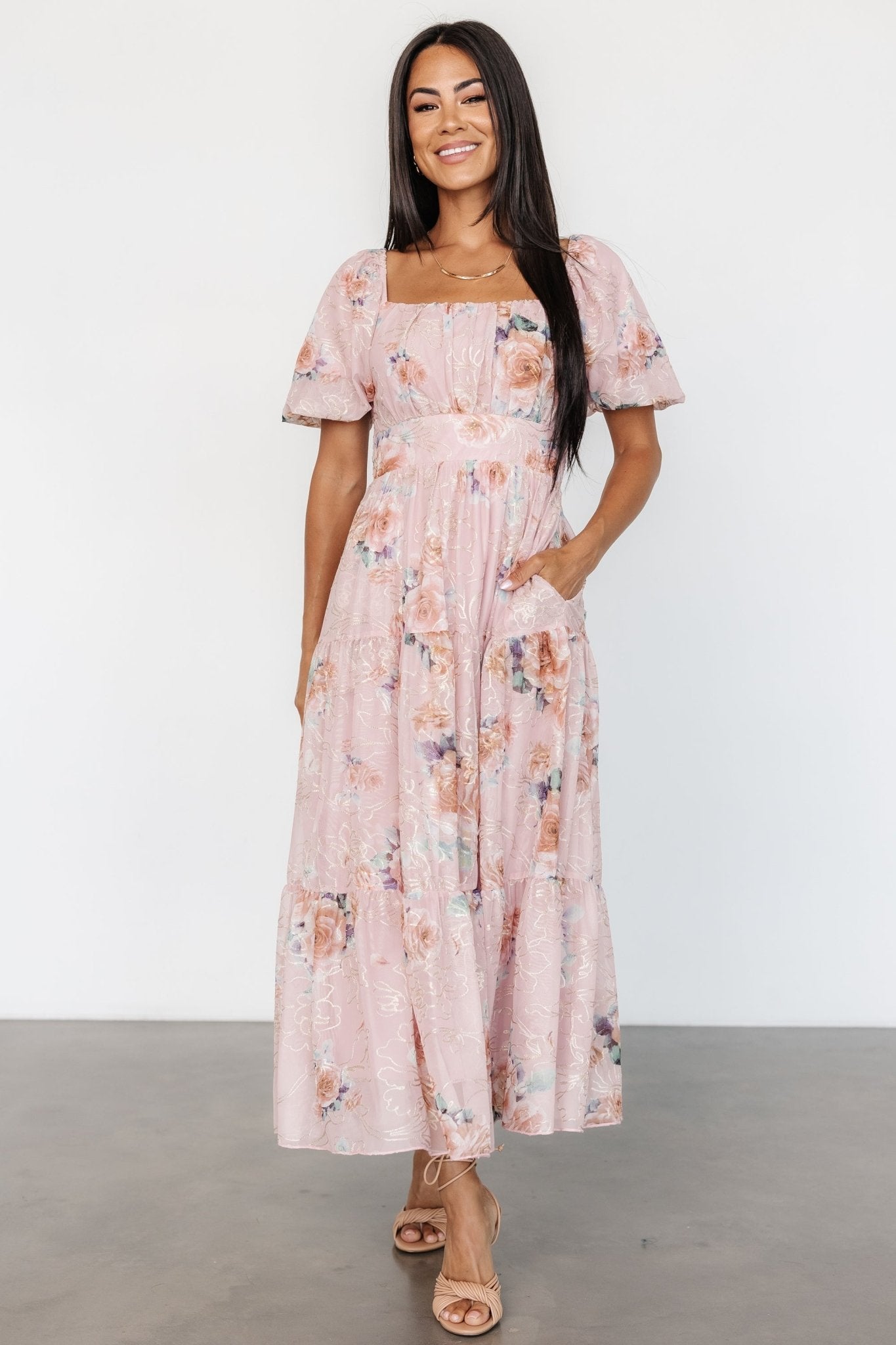 Blush Floral Midi Dress with Tulle & Empire Waist – Baltic Born