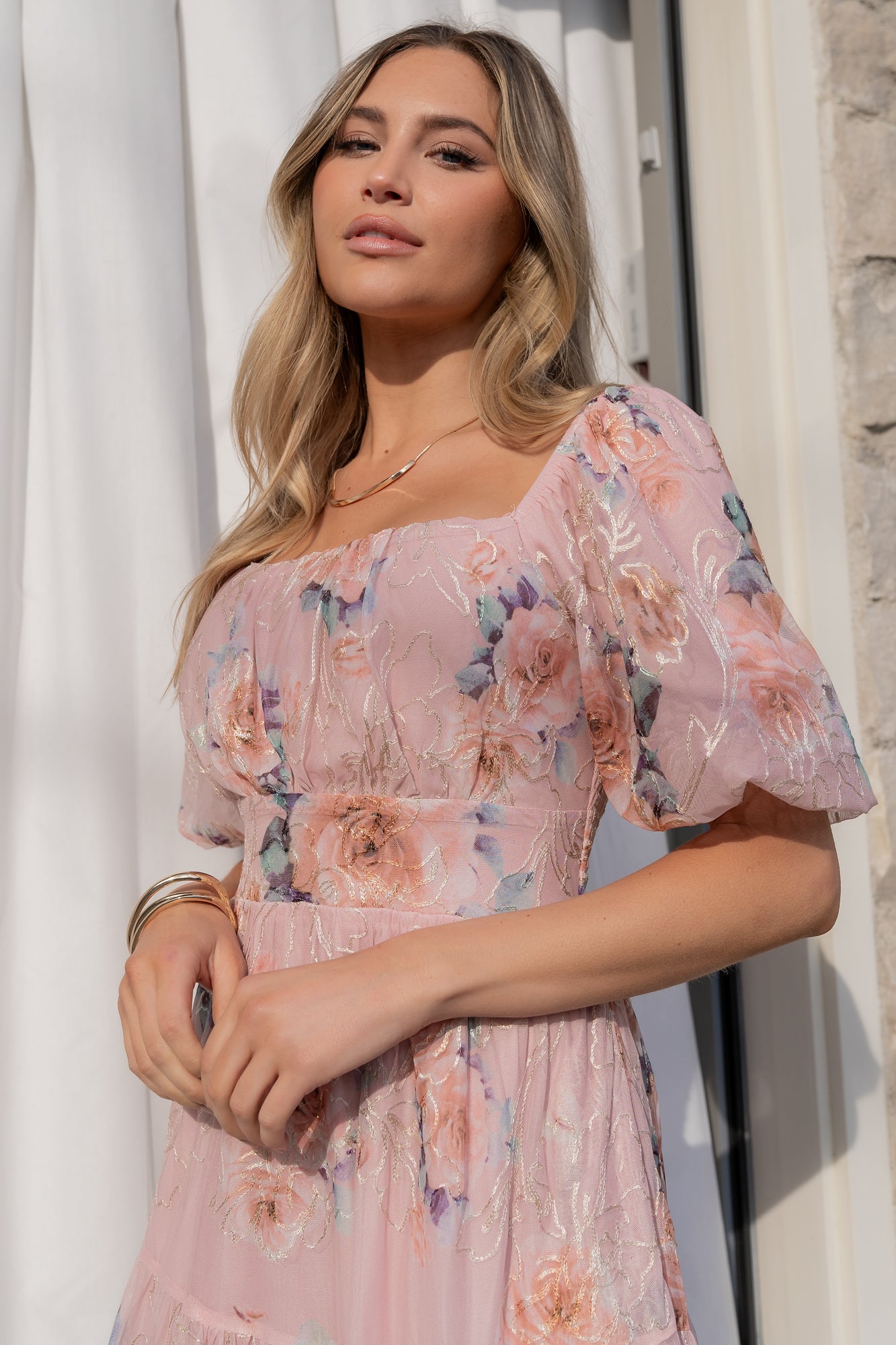Blush Floral Midi Dress with Tulle & Empire Waist – Baltic Born