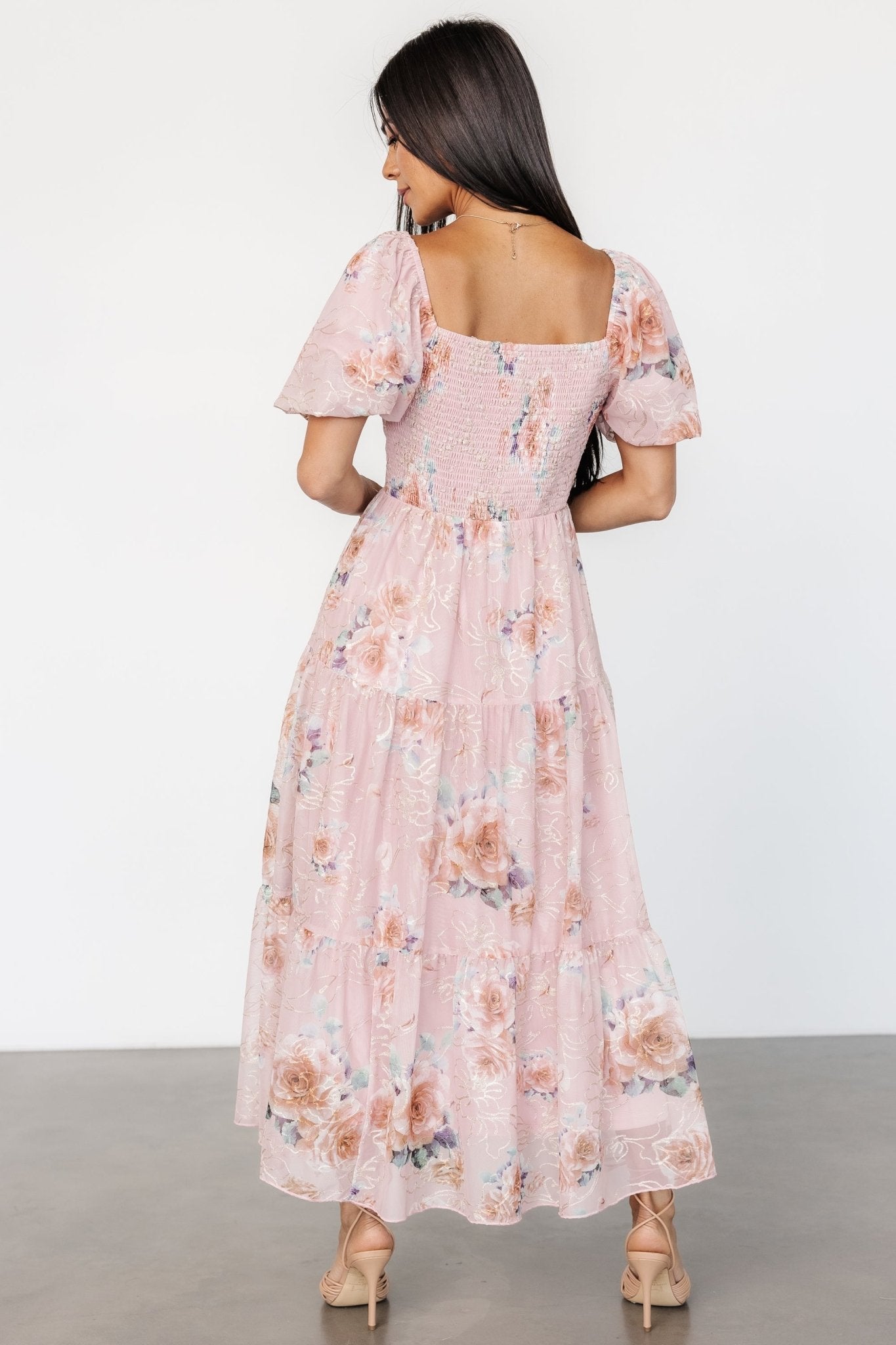 Blush Floral Midi Dress with Tulle & Empire Waist – Baltic Born