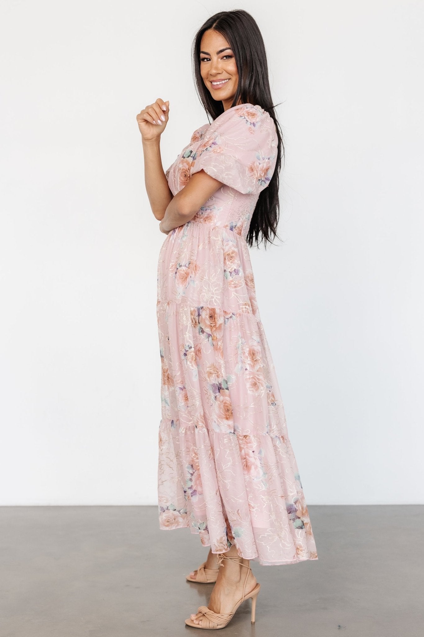 Blush Floral Midi Dress with Tulle & Empire Waist – Baltic Born