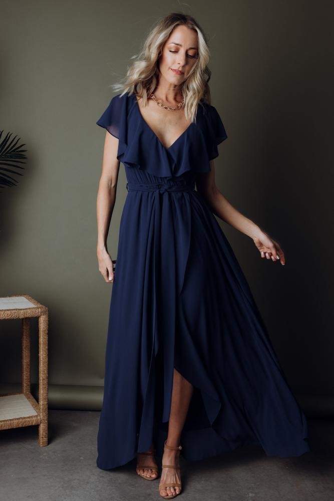 Katya Navy Chiffon Ruffle Maxi Dress for Women | Nursing Friendly