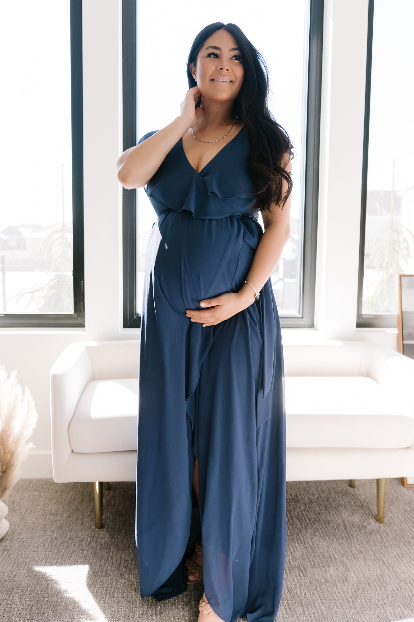 Katya Navy Chiffon Ruffle Maxi Dress for Women | Nursing Friendly