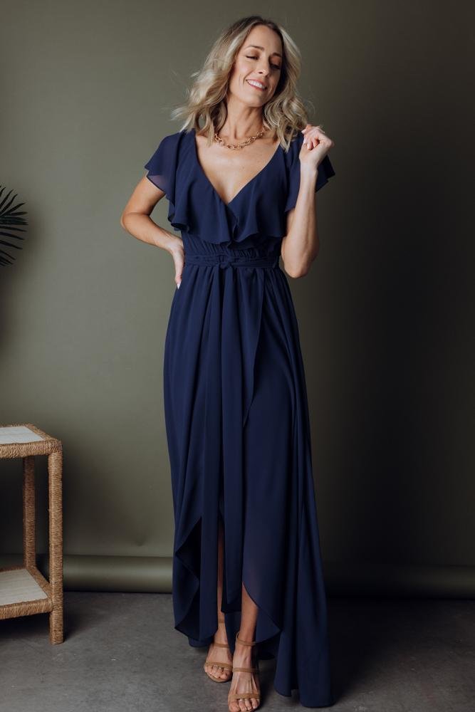 Katya Navy Chiffon Ruffle Maxi Dress for Women | Nursing Friendly