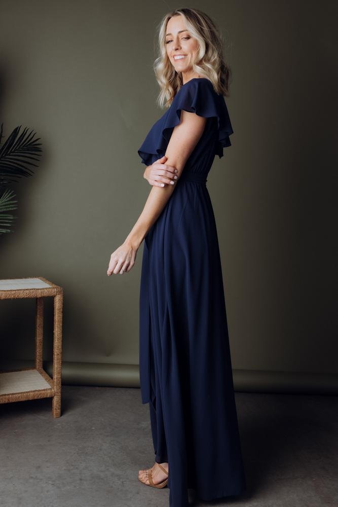 Katya Navy Chiffon Ruffle Maxi Dress for Women | Nursing Friendly