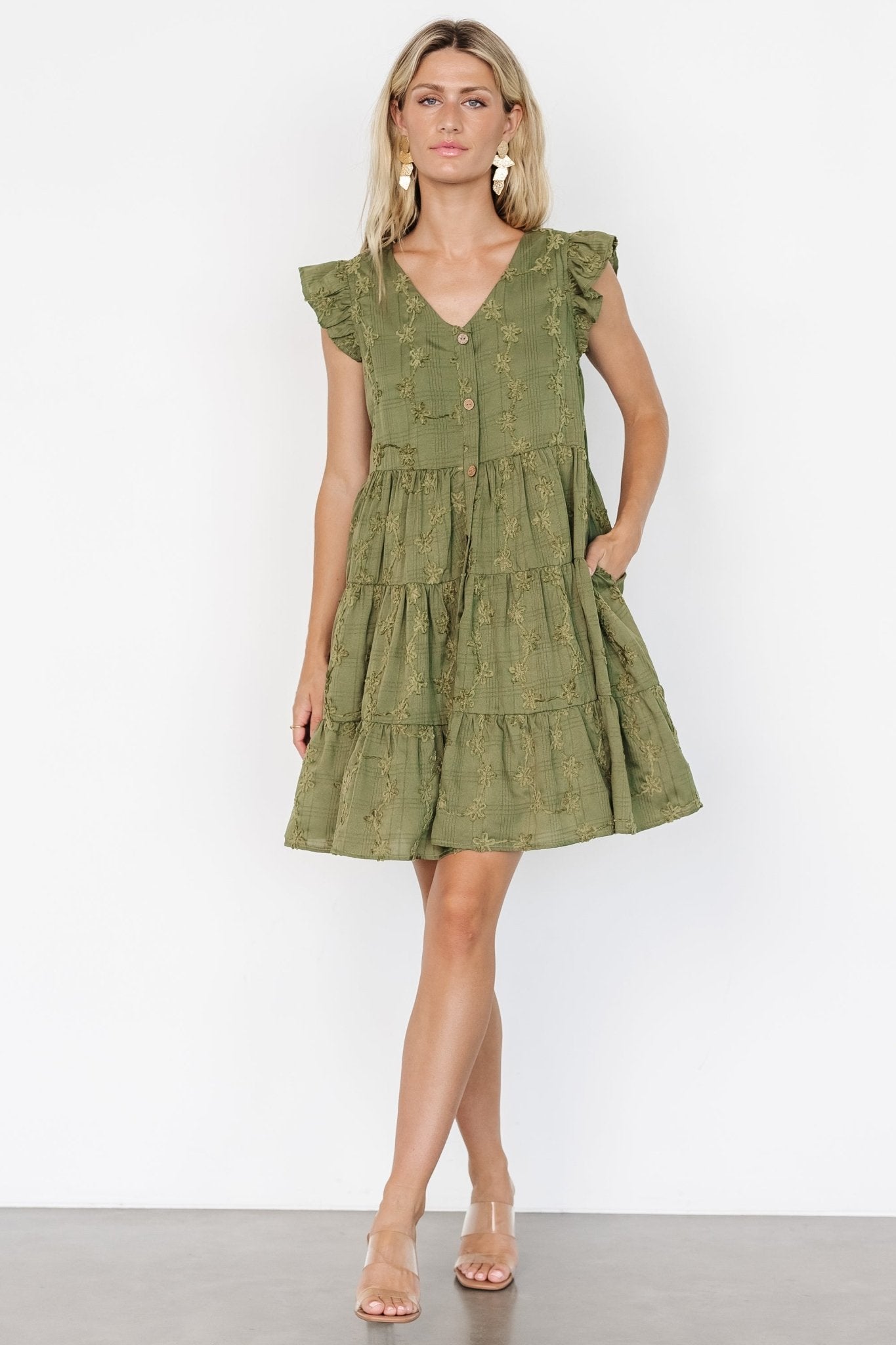 Olive Green Floral Button Up Short Dress with Pockets