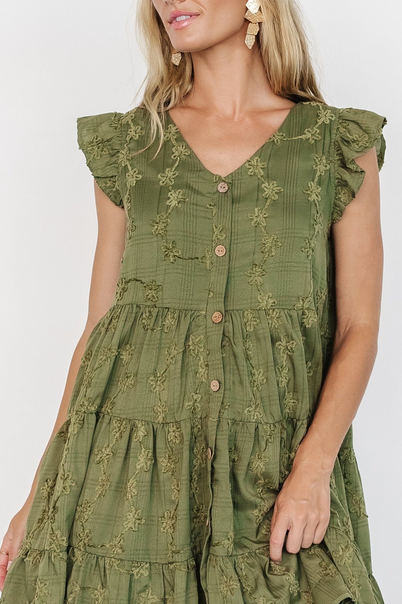 Olive Green Floral Button Up Short Dress with Pockets