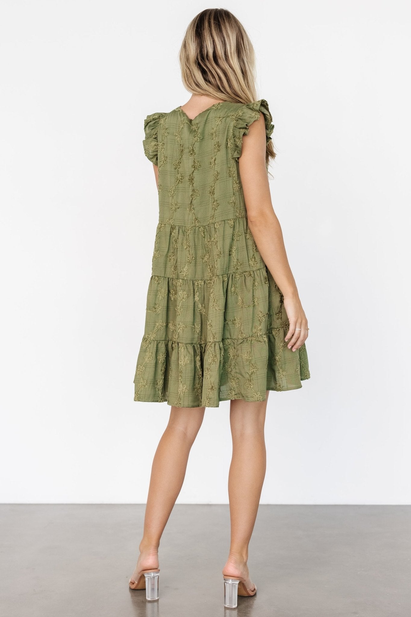 Olive Green Floral Button Up Short Dress with Pockets