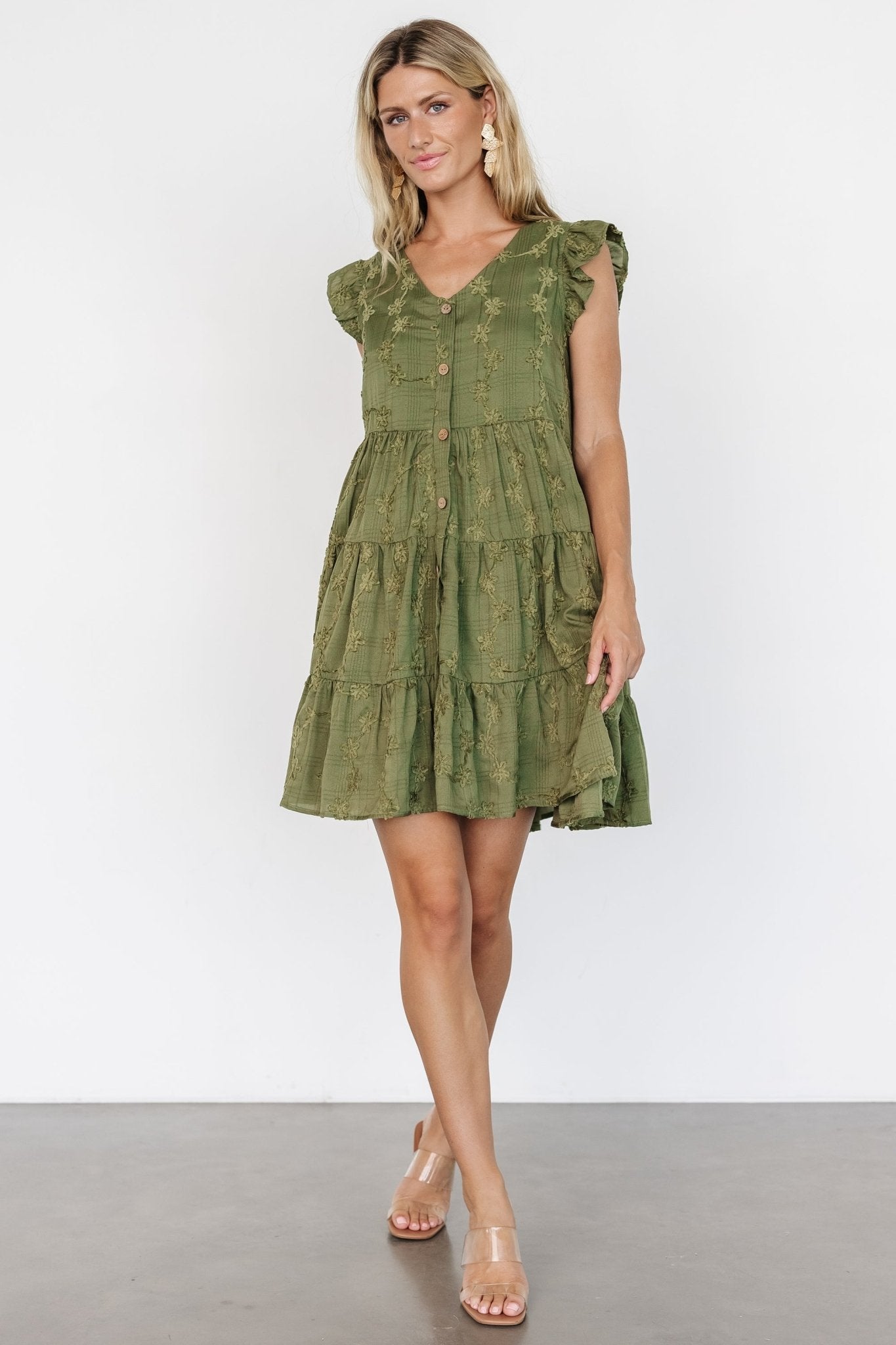 Olive Green Floral Button Up Short Dress with Pockets