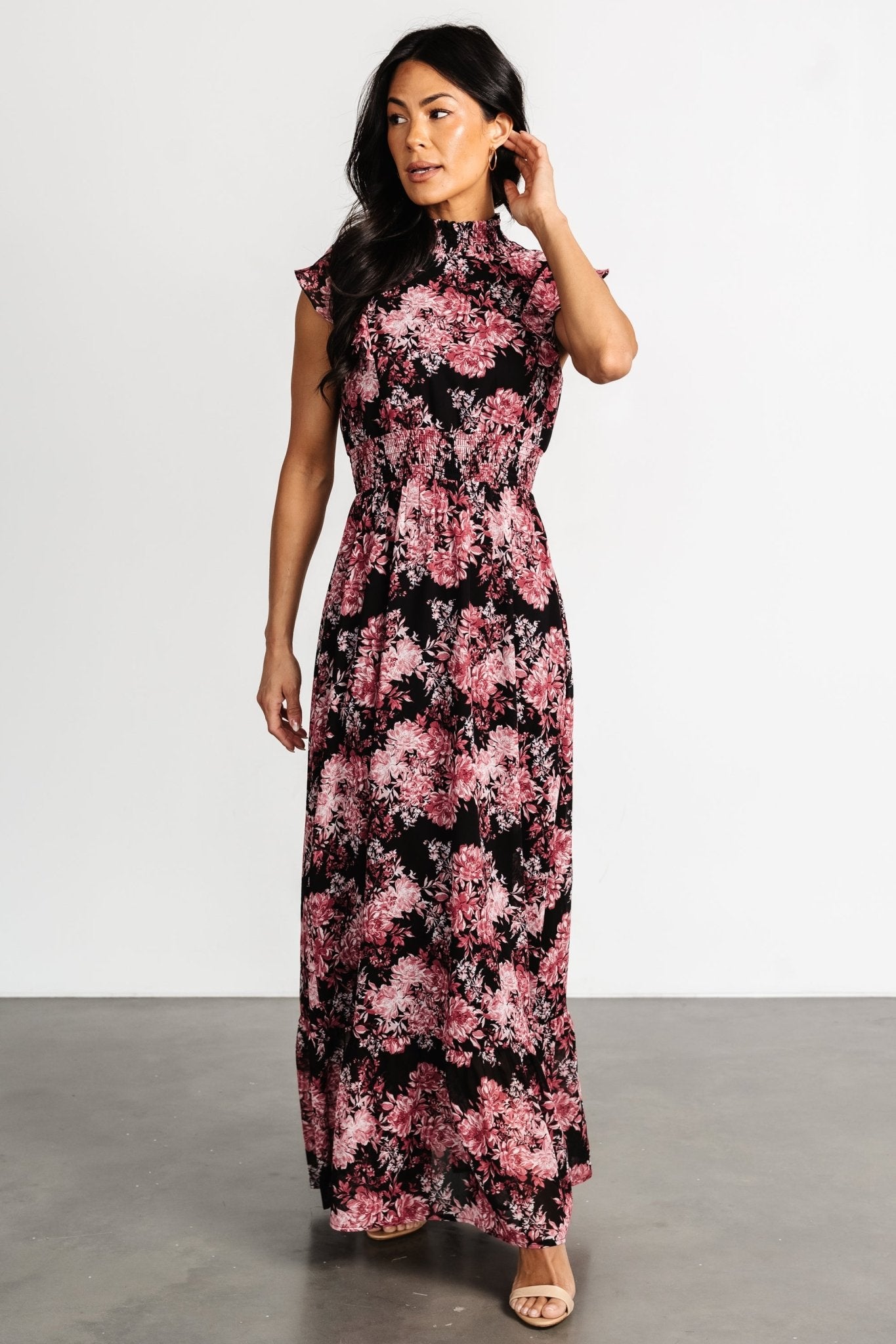 Baltic Born Black Mauve Floral Ruffle Maxi Dress with Smocked Waist