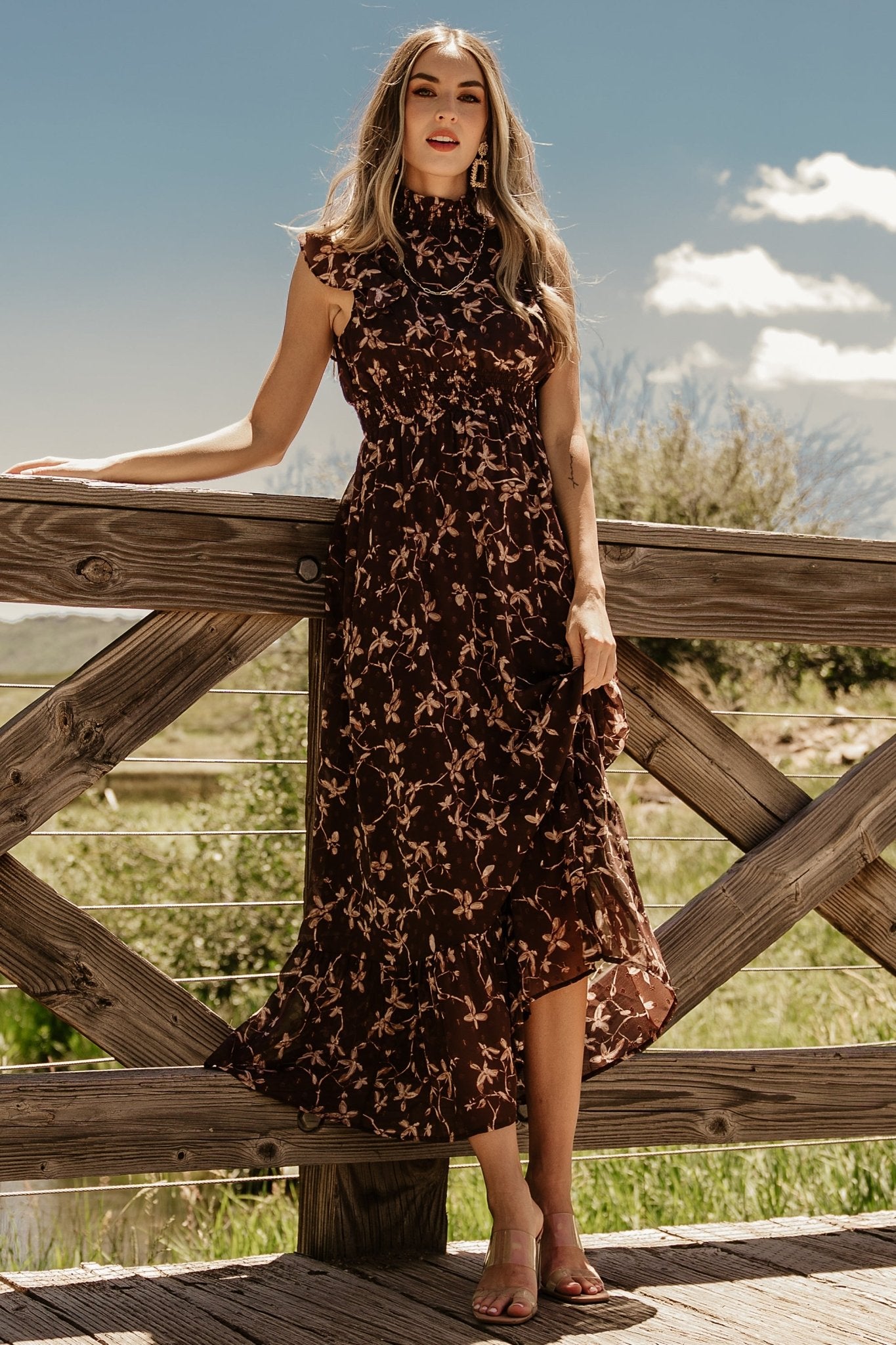 Baltic Born Kearny Ruffle Maxi Dress - Brown Floral Chiffon