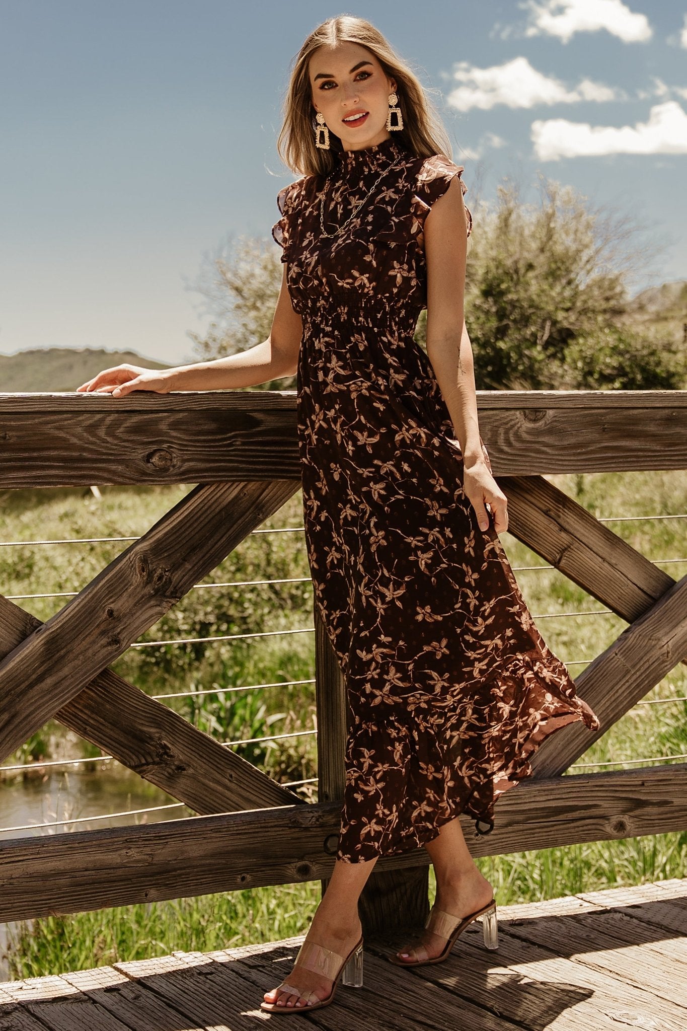 Baltic Born Kearny Ruffle Maxi Dress - Brown Floral Chiffon