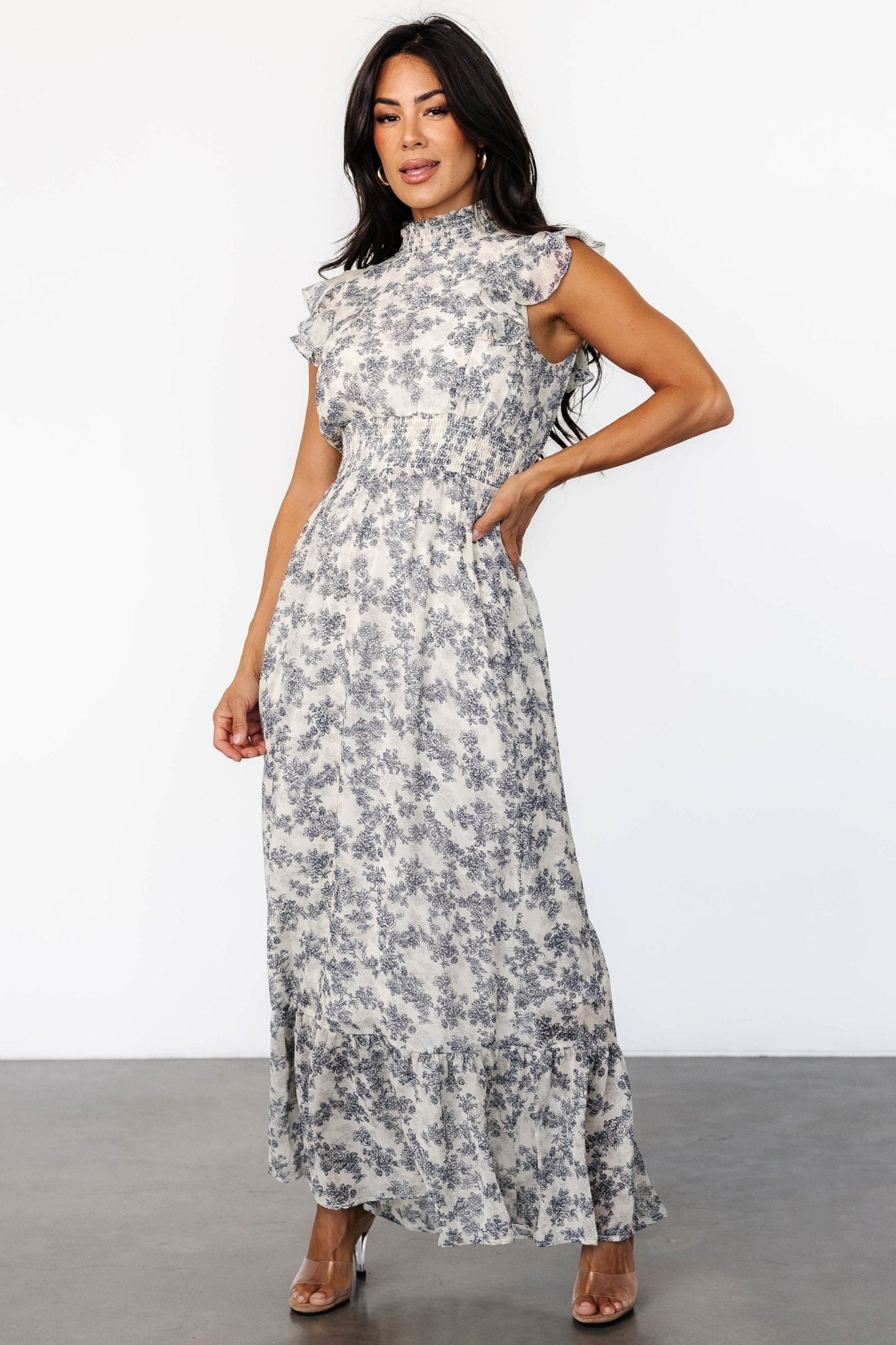 Baltic Born Cream & Navy Floral Ruffle Maxi Dress