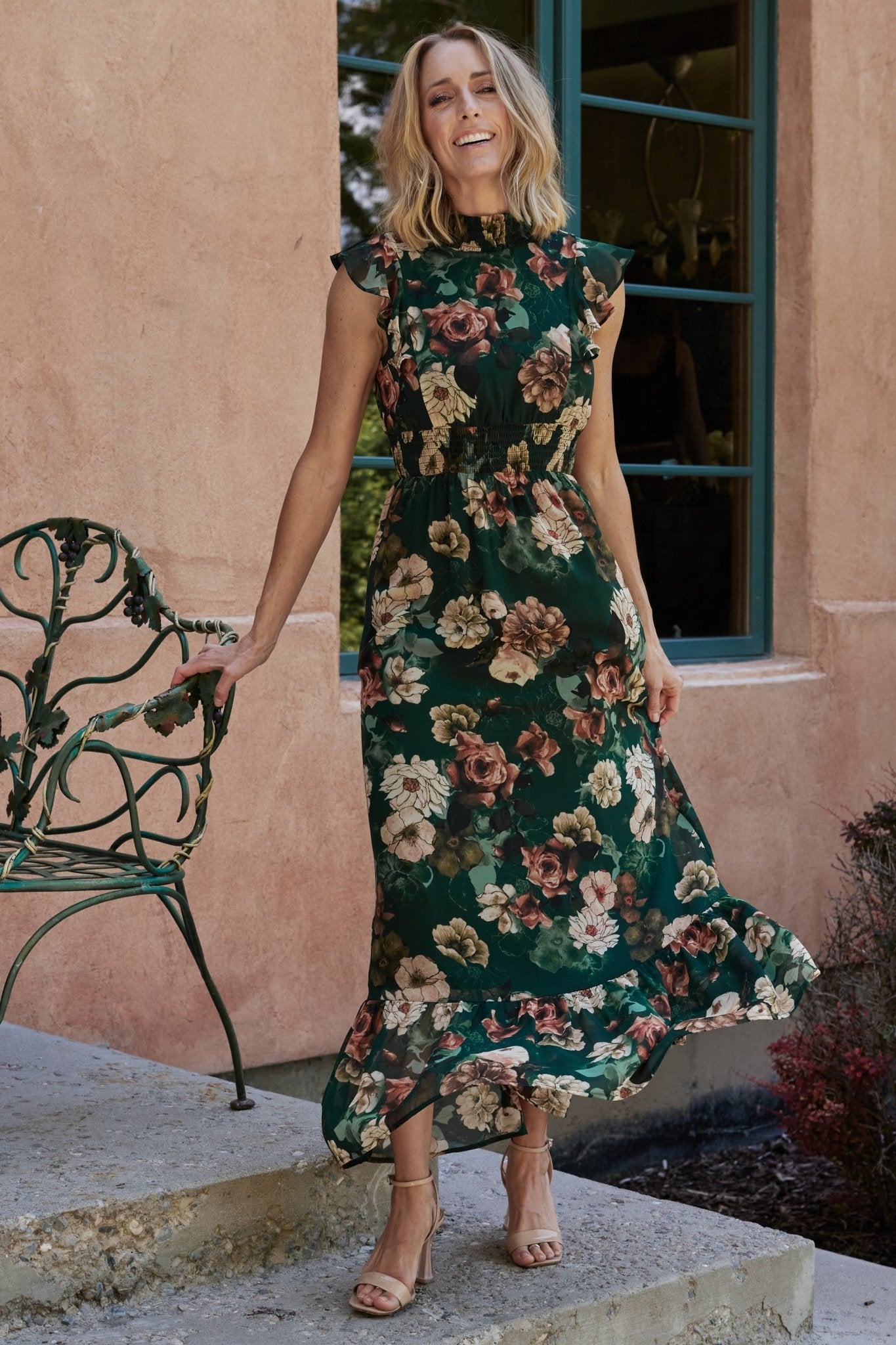 Baltic Born Dark Green Floral Ruffle Maxi Dress with Smocked Waist