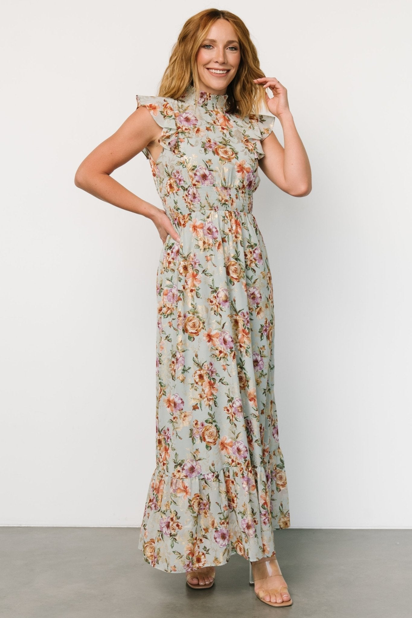 Light Blue Floral Gold Ruffle Maxi Dress – Baltic Born