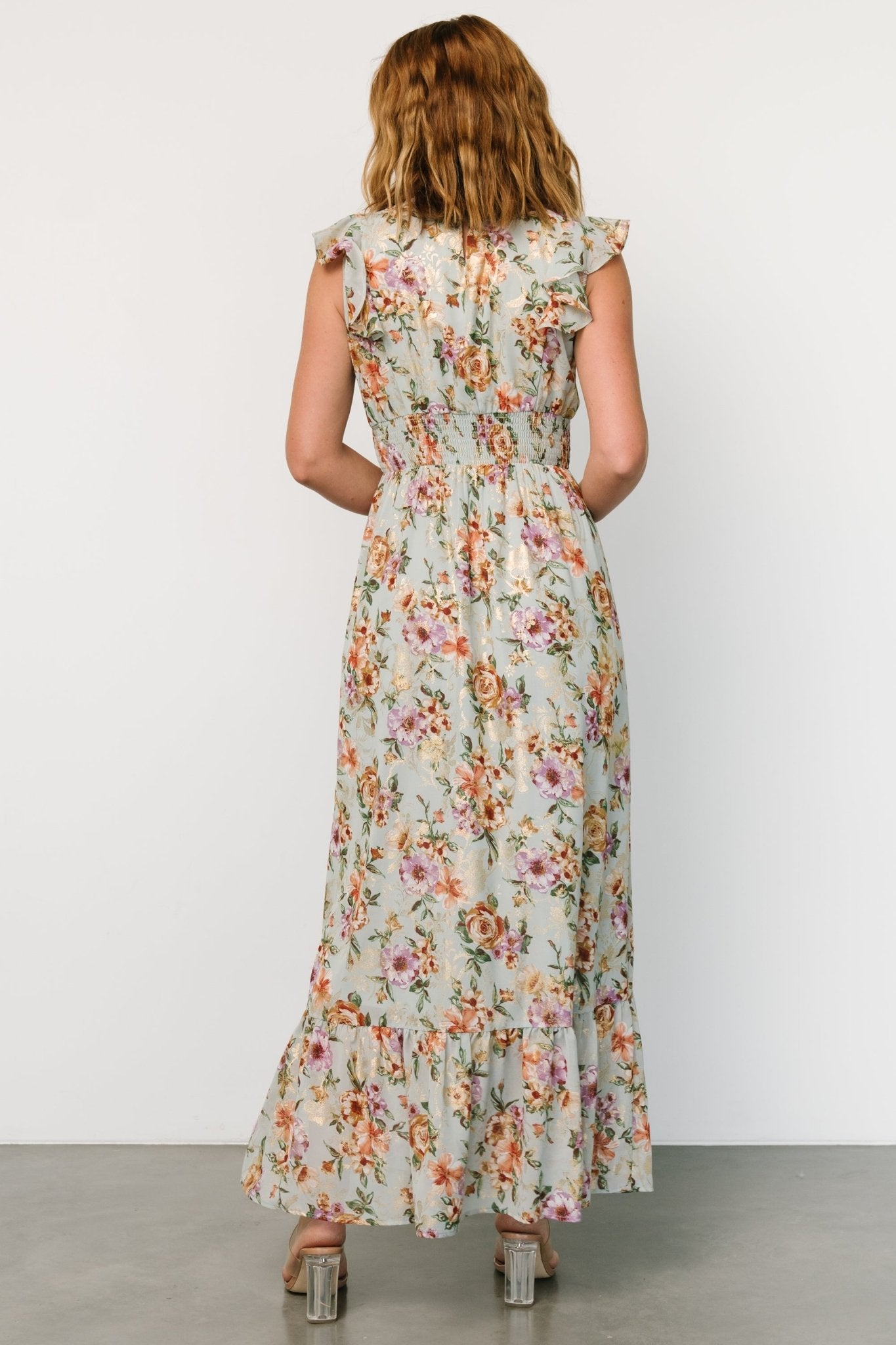 Light Blue Floral Gold Ruffle Maxi Dress – Baltic Born