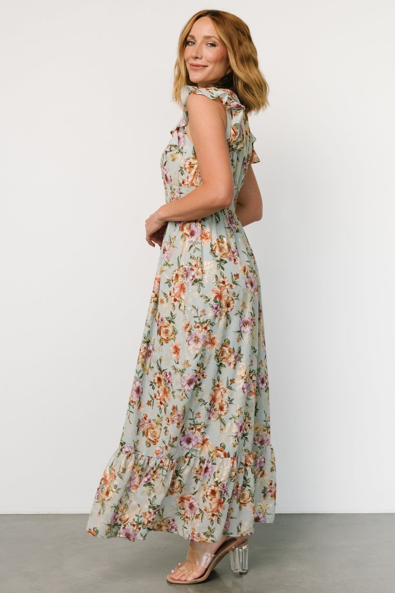 Light Blue Floral Gold Ruffle Maxi Dress – Baltic Born
