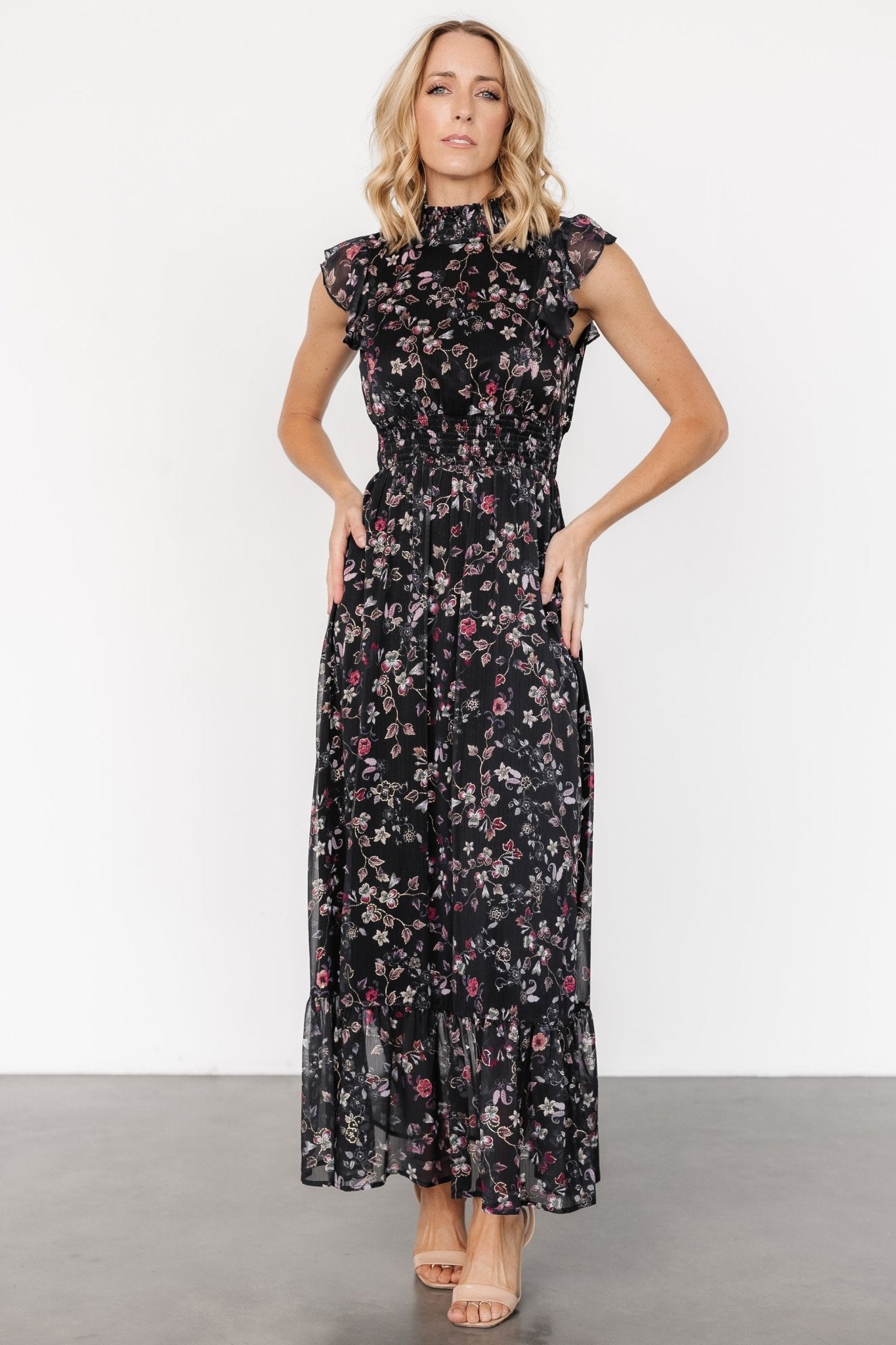 Baltic Born Black Floral Ruffle Maxi Dress with Gold Details