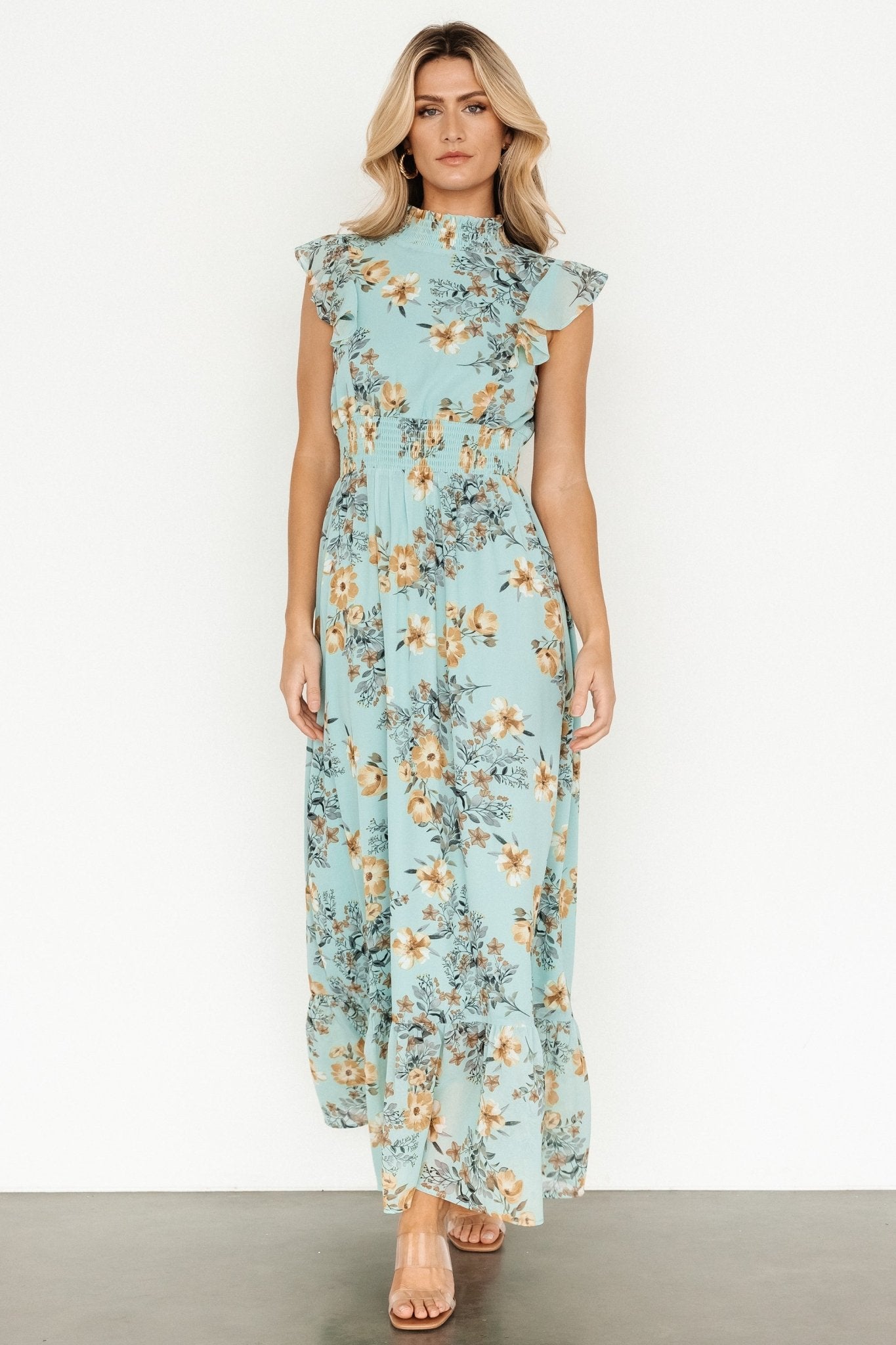 Baltic Born Mint Floral Ruffle Maxi Dress with Smocked Waist