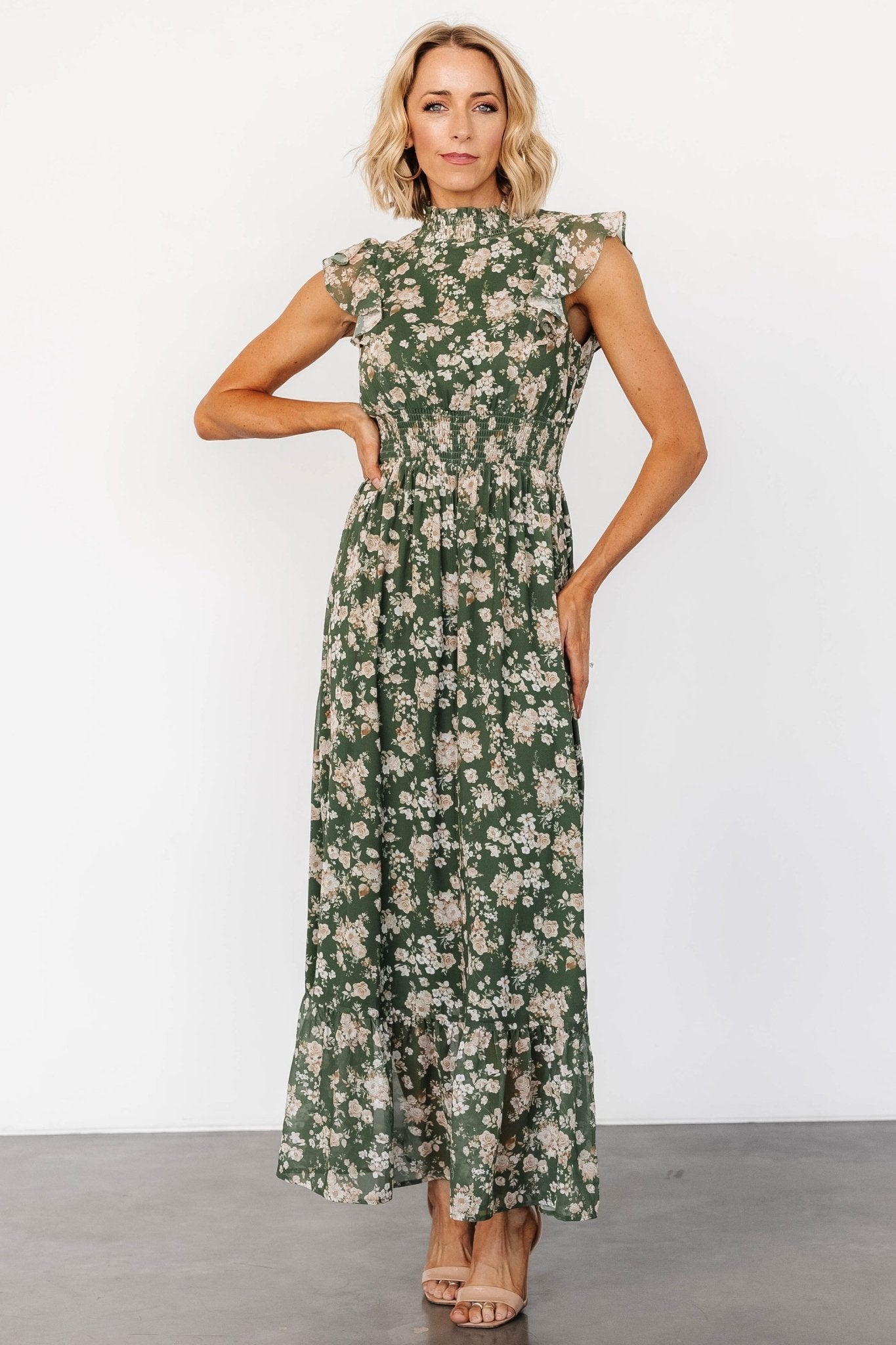 Baltic Born Olive Floral Ruffle Maxi Dress with Smocked Waist