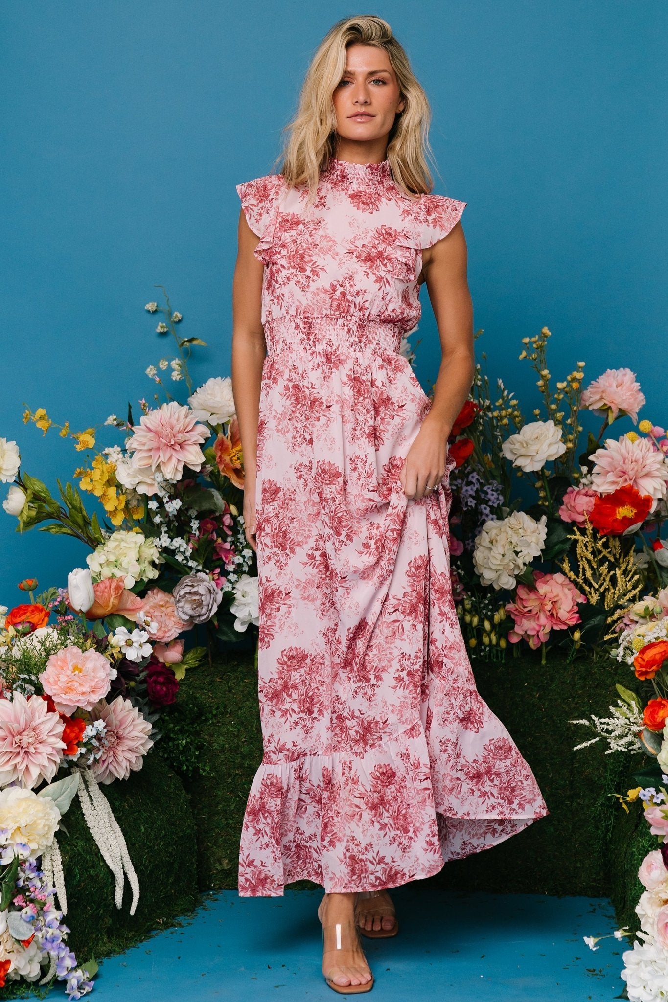 Baltic Born Pink Floral Ruffle Maxi Dress with Smocked Waist