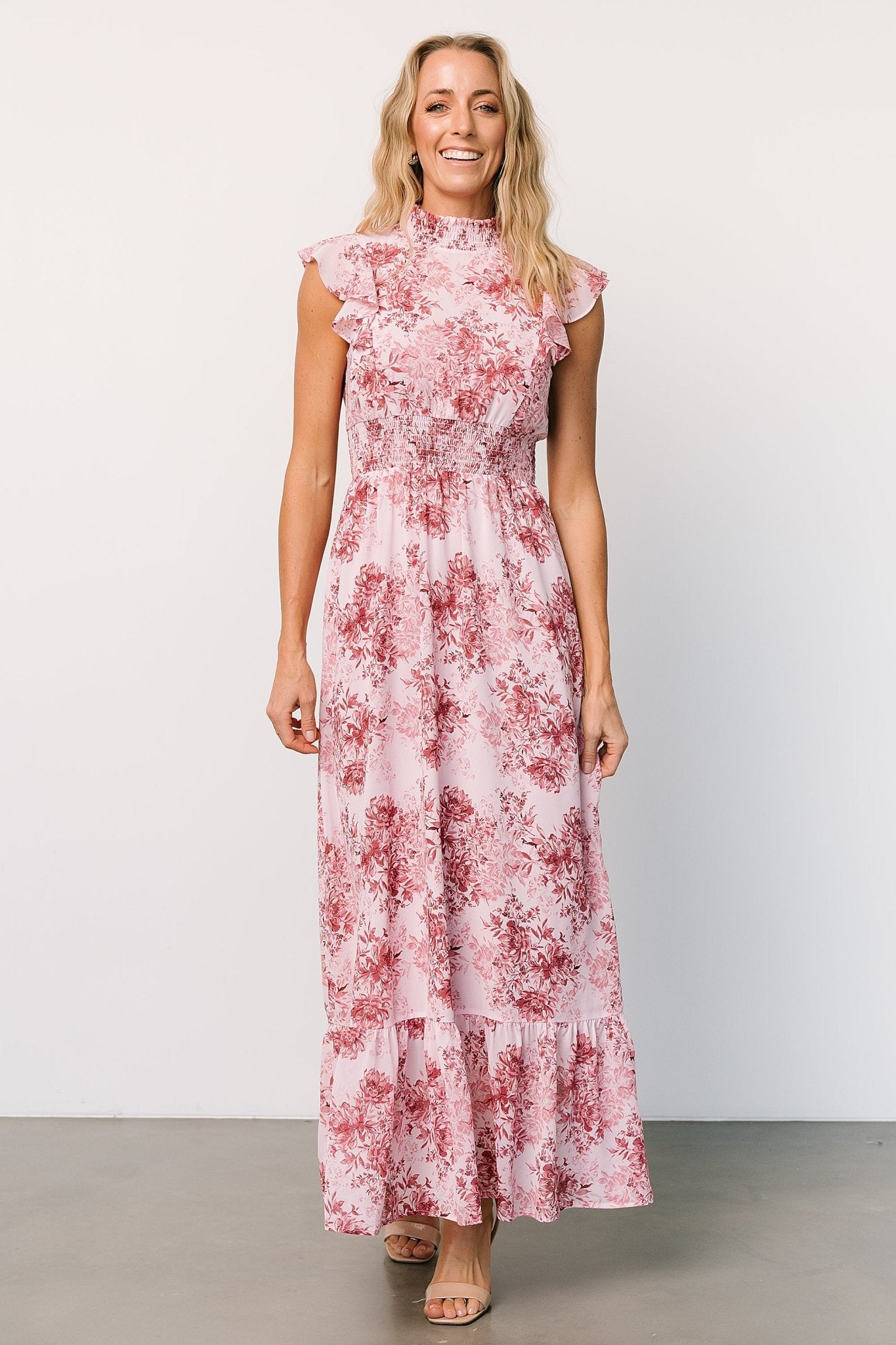 Baltic Born Pink Floral Ruffle Maxi Dress with Smocked Waist
