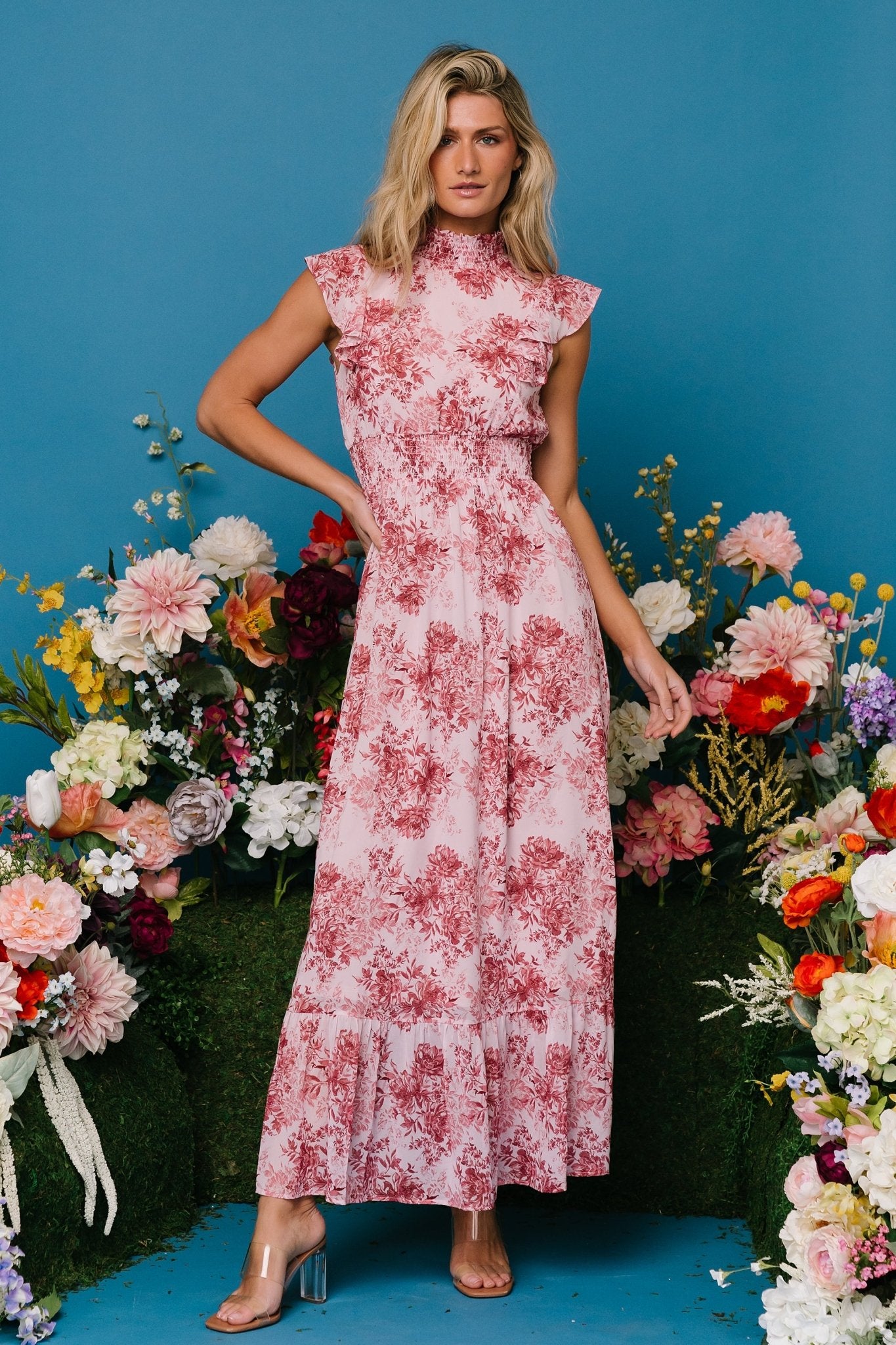 Baltic Born Pink Floral Ruffle Maxi Dress with Smocked Waist