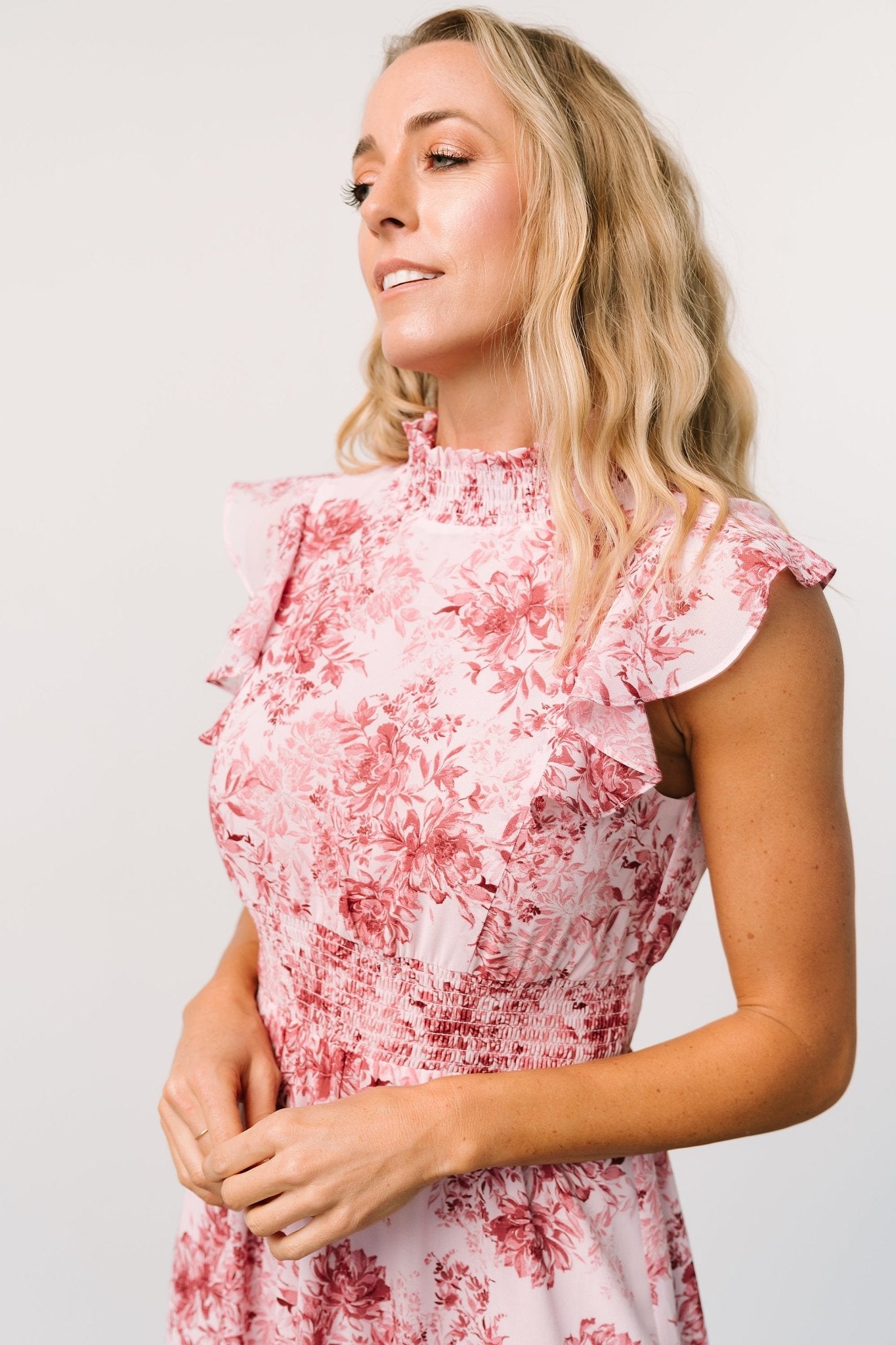 Baltic Born Pink Floral Ruffle Maxi Dress with Smocked Waist