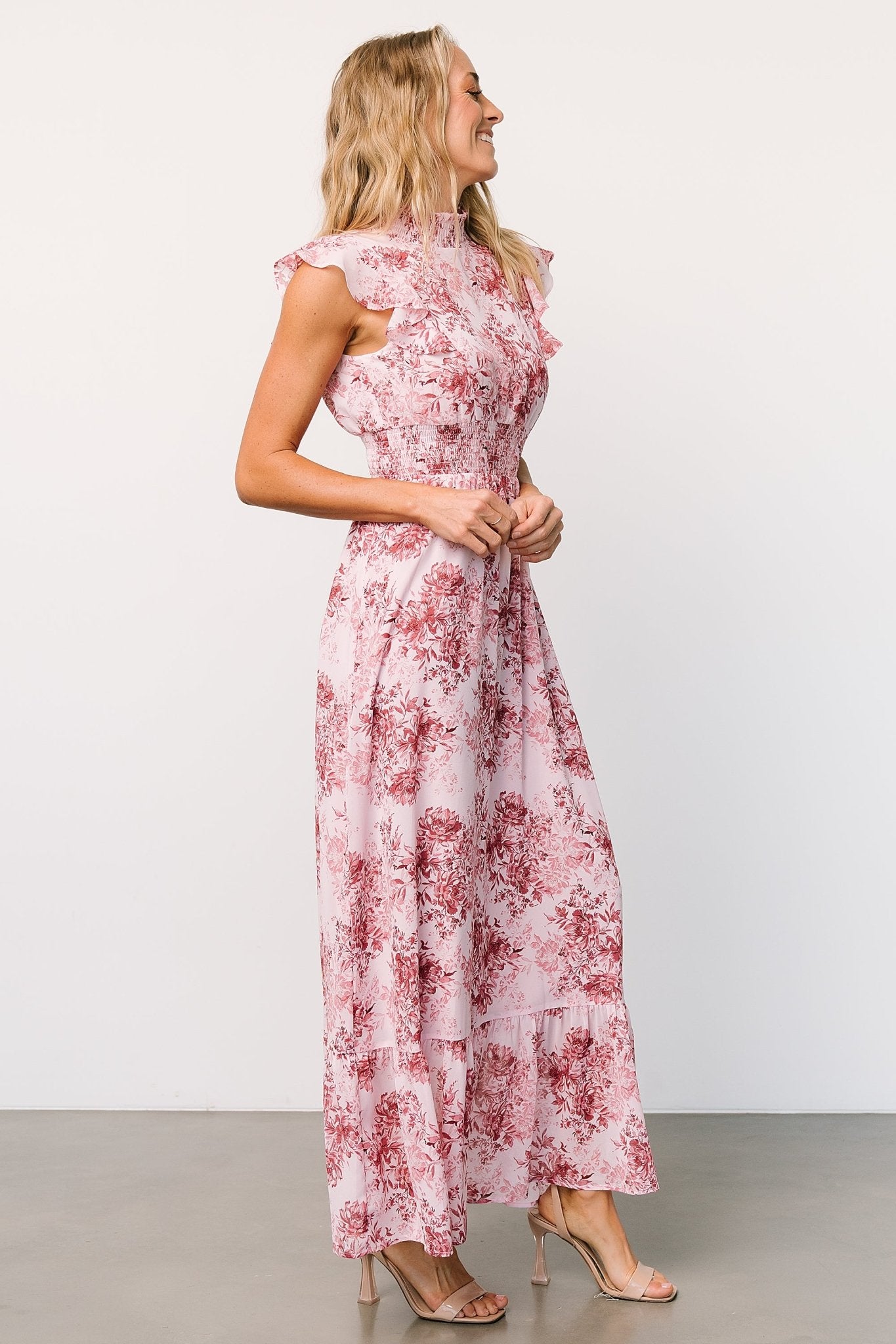 Baltic Born Pink Floral Ruffle Maxi Dress with Smocked Waist