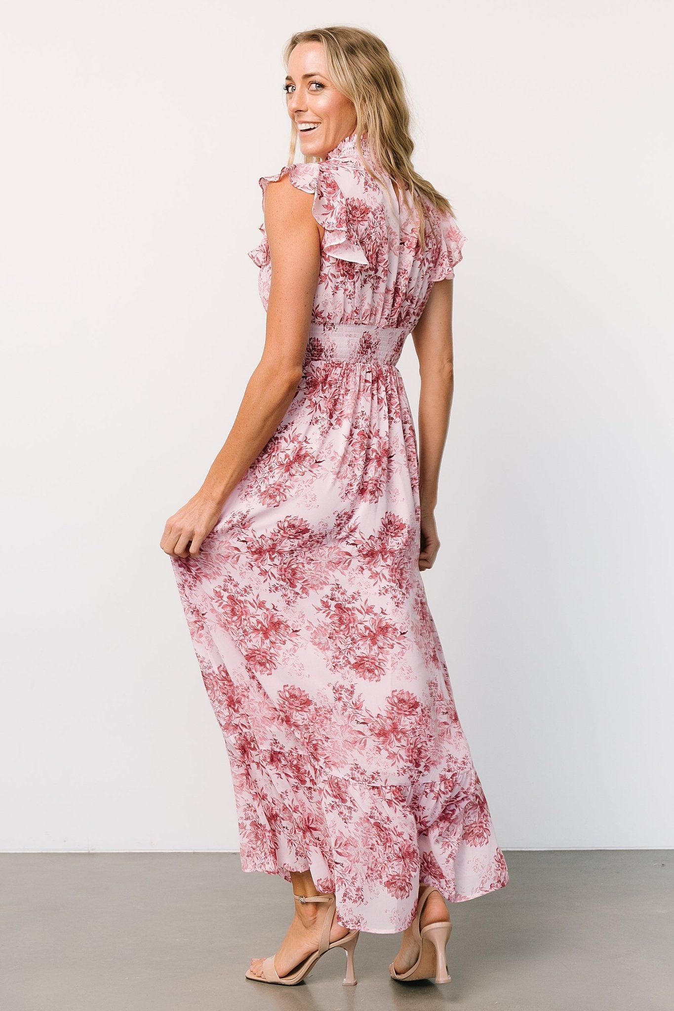 Baltic Born Pink Floral Ruffle Maxi Dress with Smocked Waist