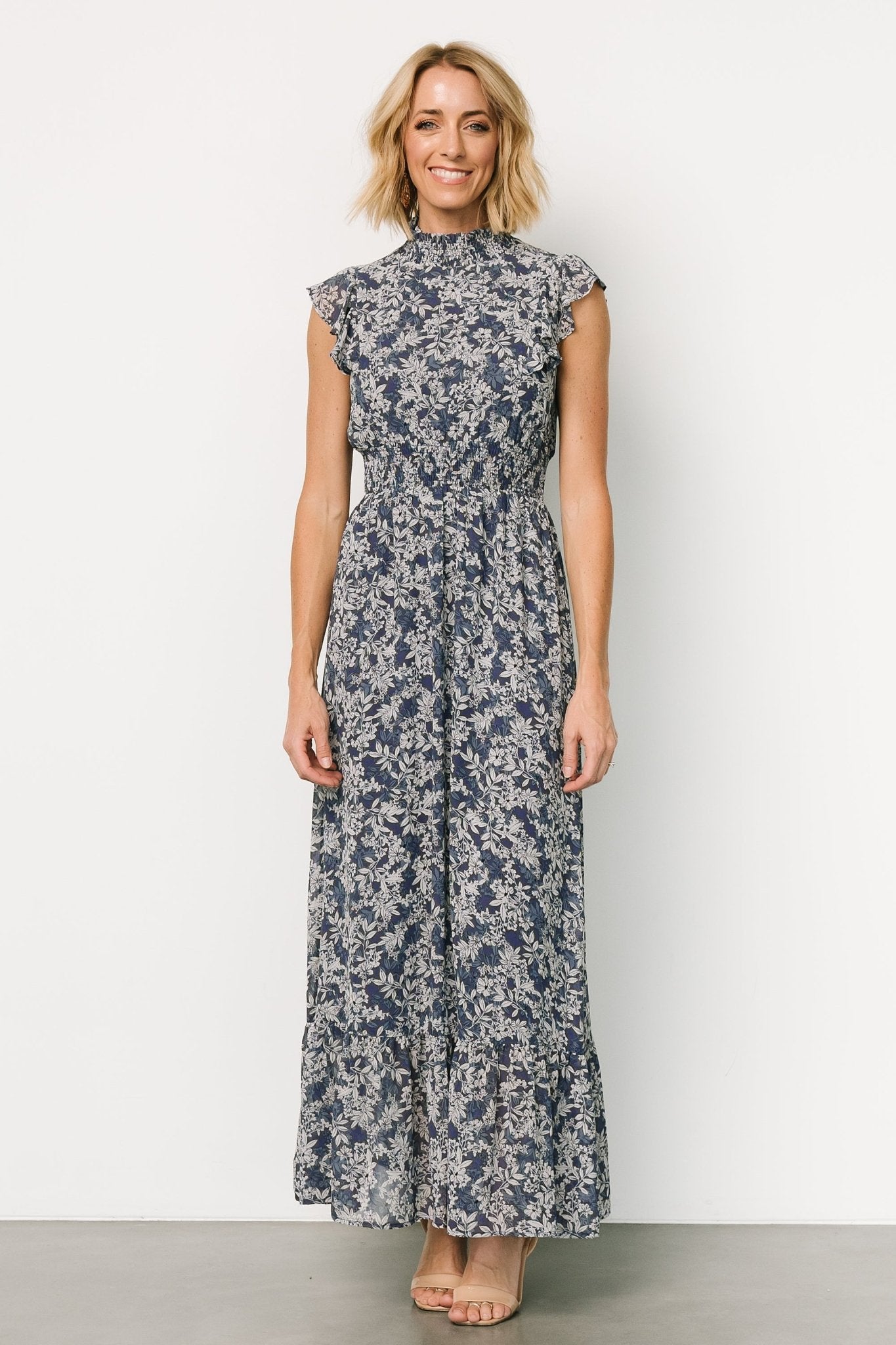 Baltic Born Floral Ruffle Maxi Dress in Slate Blue