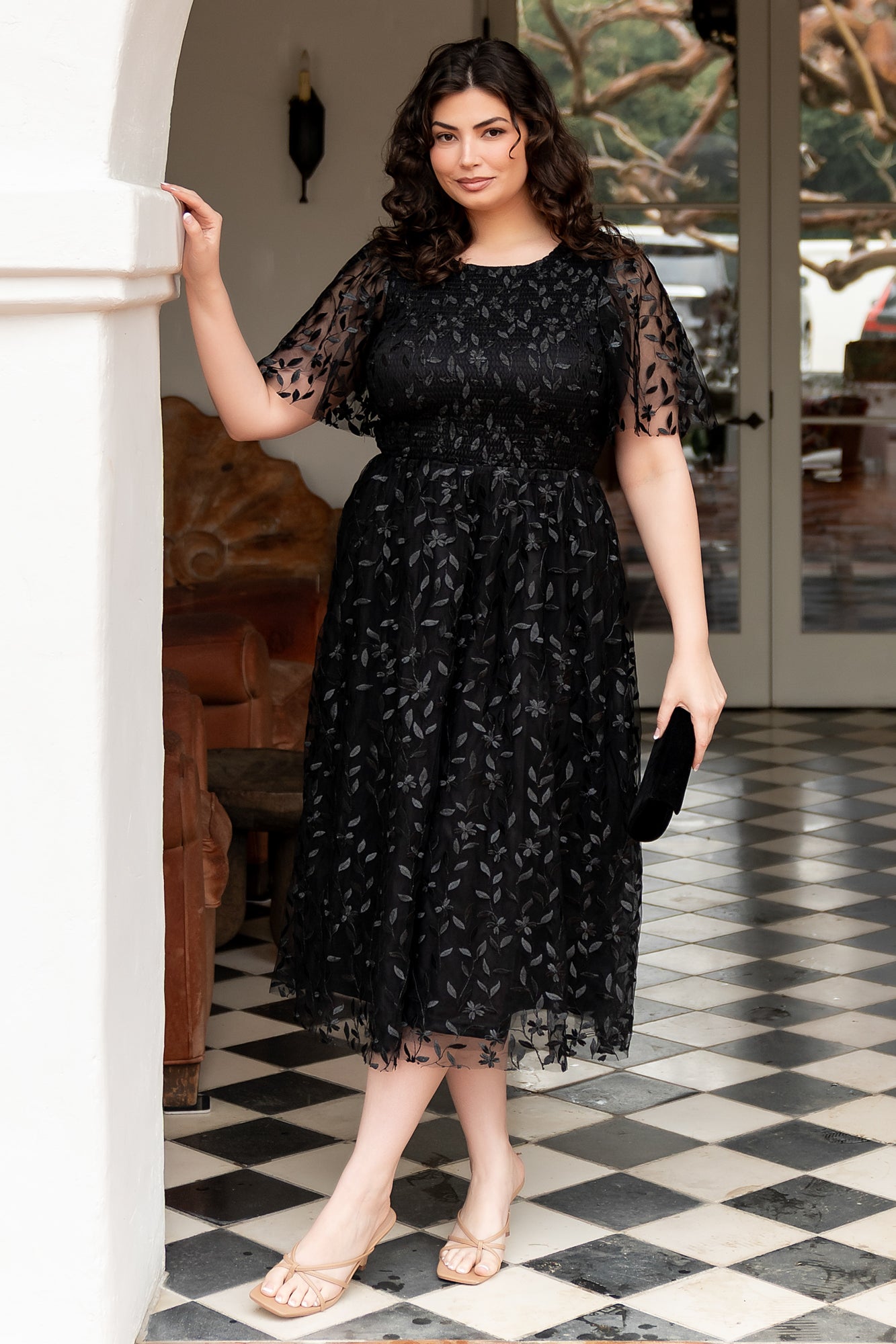 Black Embroidered Tulle Midi Dress by Baltic Born | Floral Design