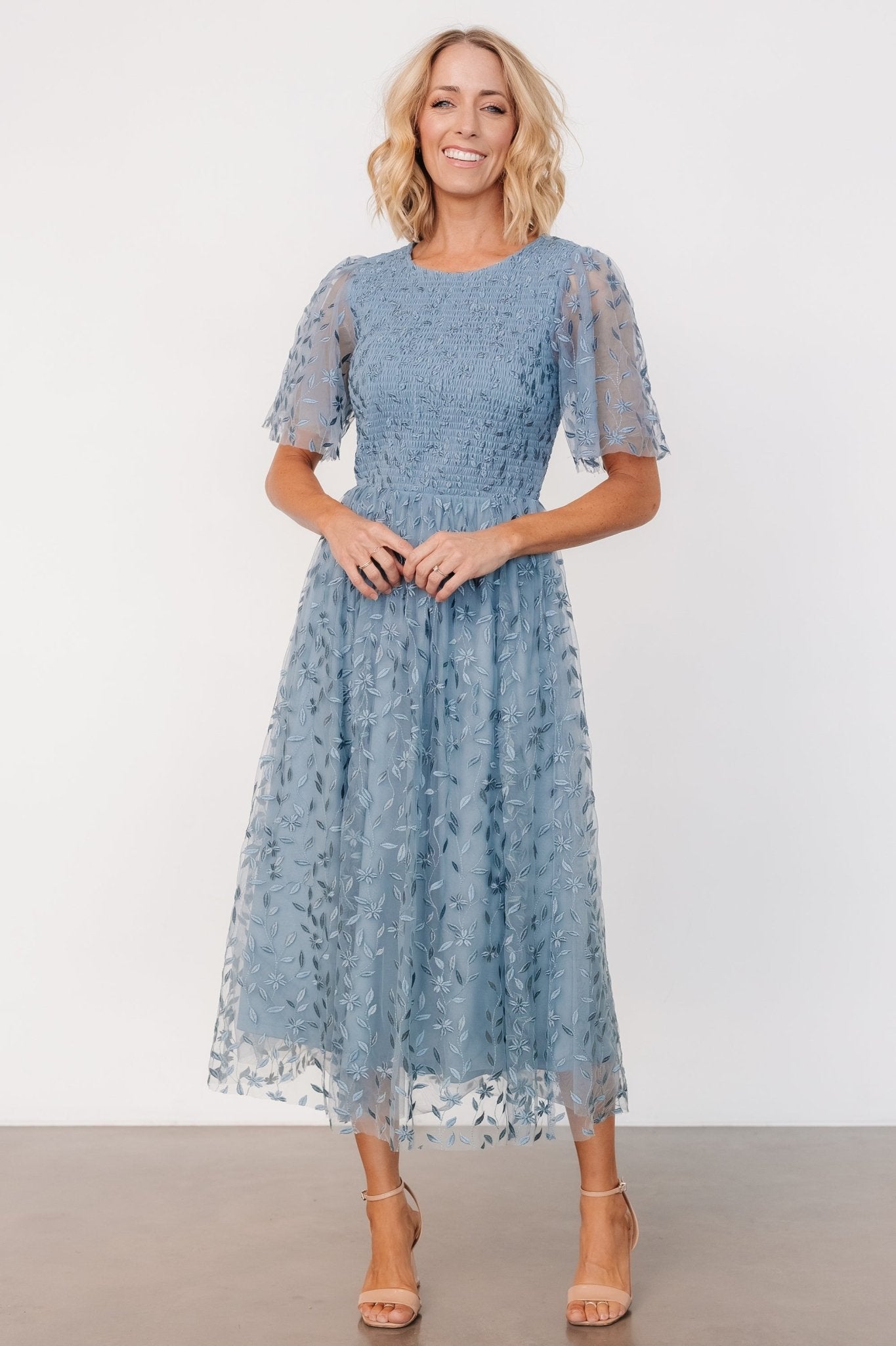 Baltic Born Embroidered Tulle Midi Dress in Dusty Blue