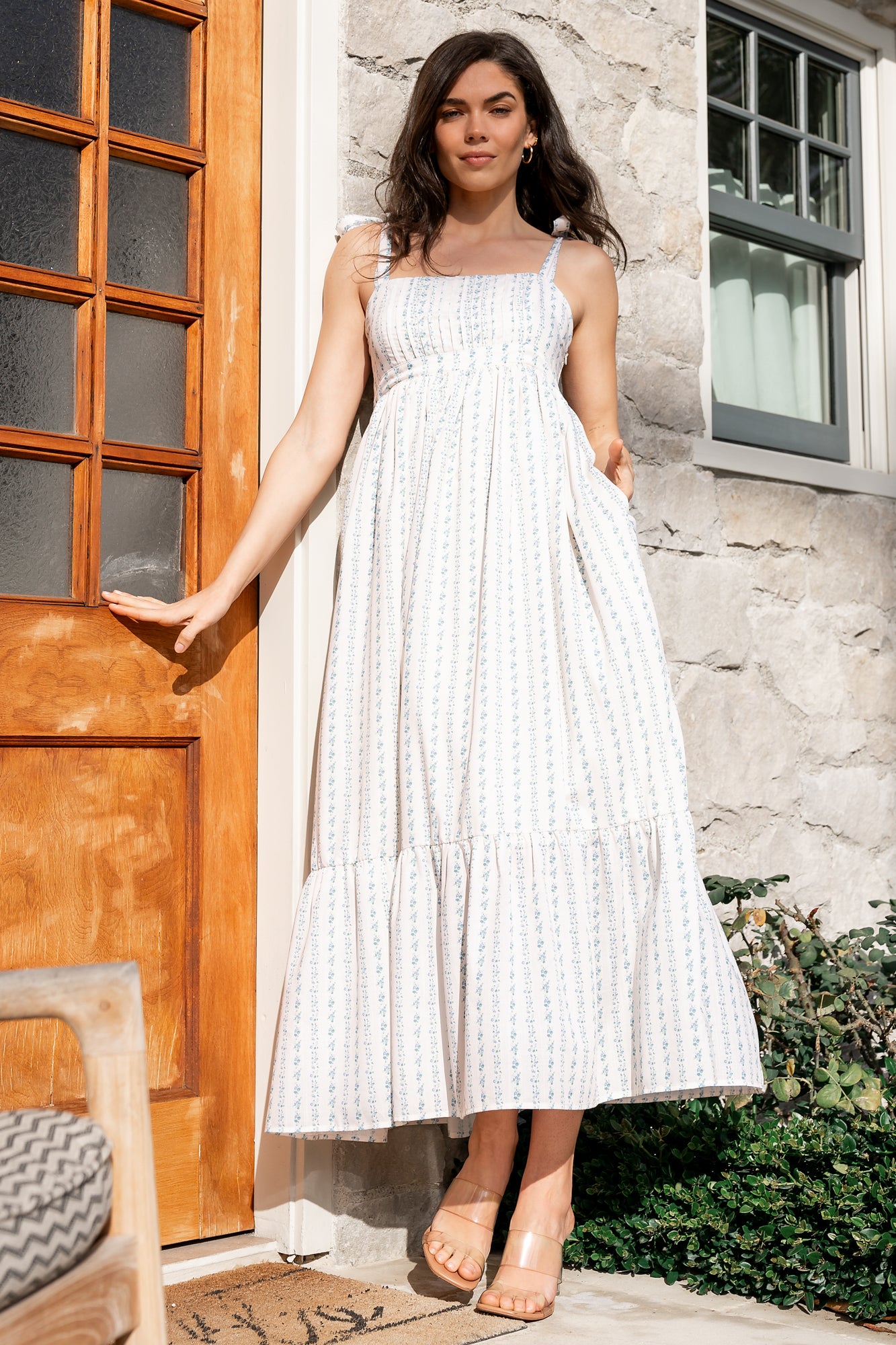 Cream Floral Maxi Dress with Smocked Back & Side Pockets – Kennie
