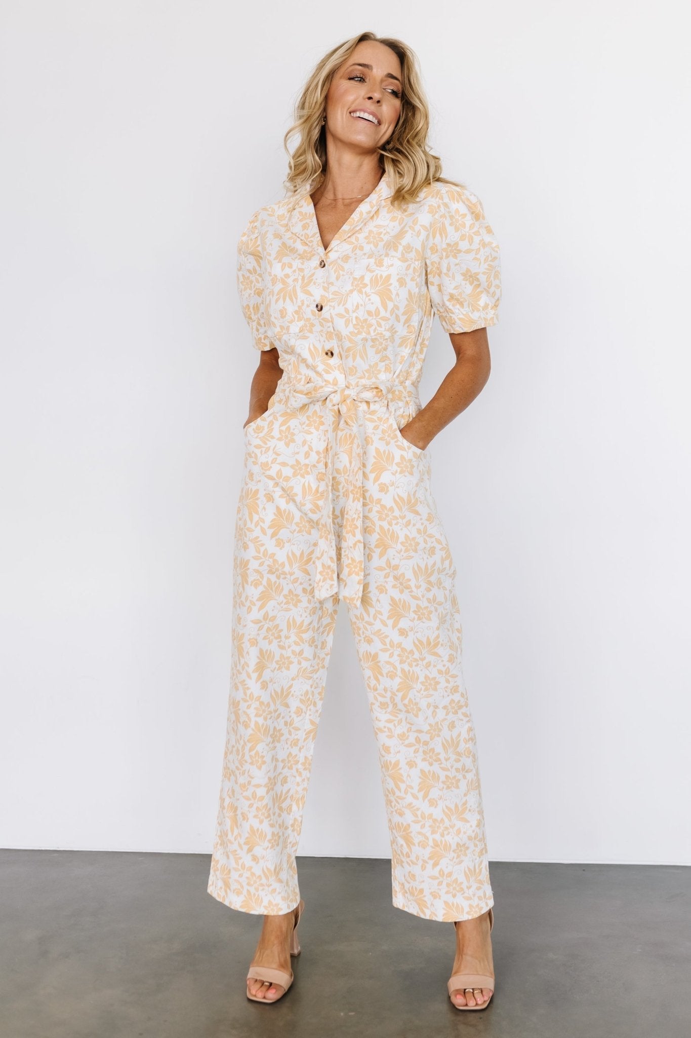 White Floral Linen Jumpsuit with Puff Sleeves & Pockets – Baltic Born