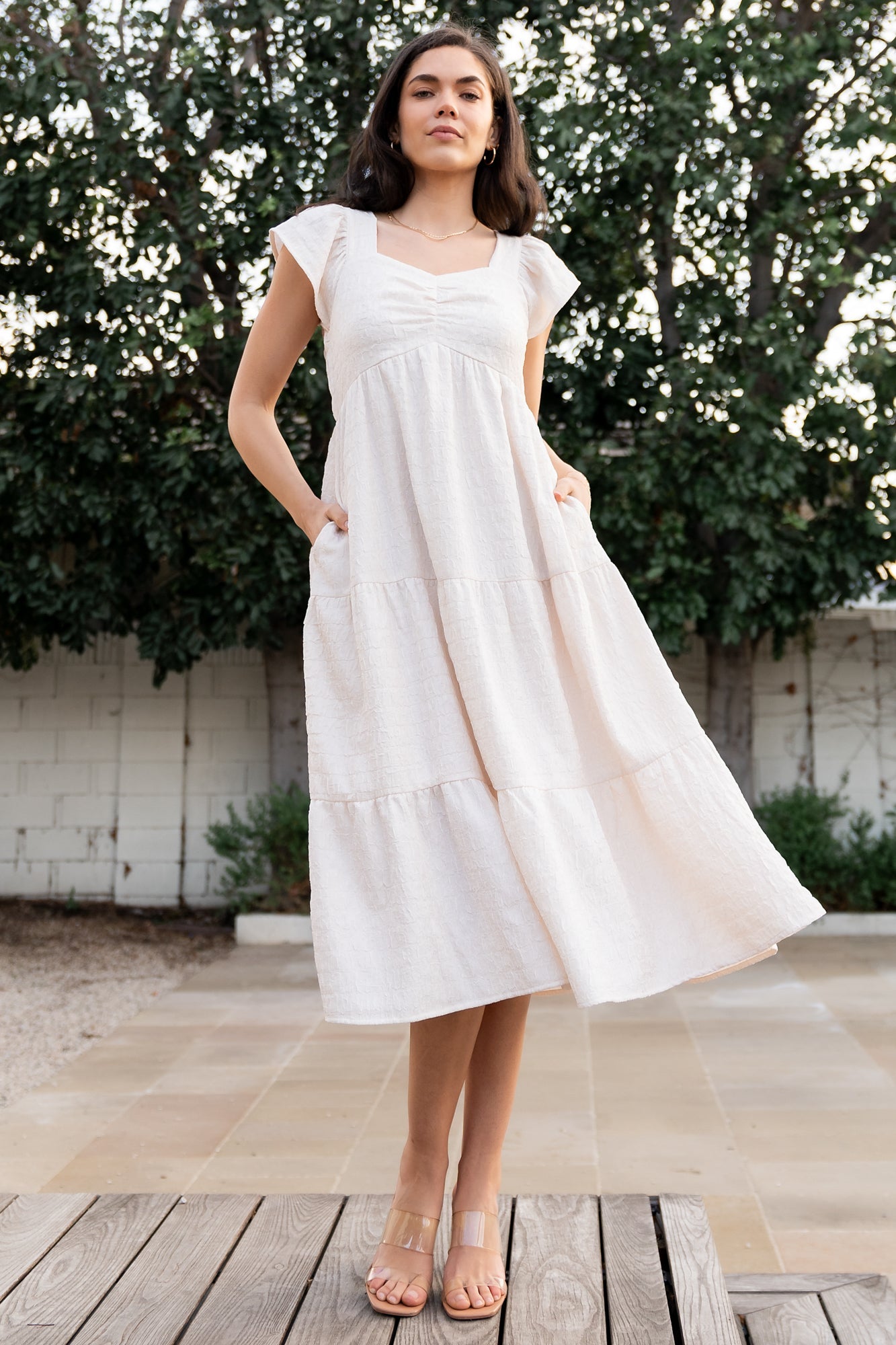 Kesler Cream Tiered Midi Dress with Hidden Pockets